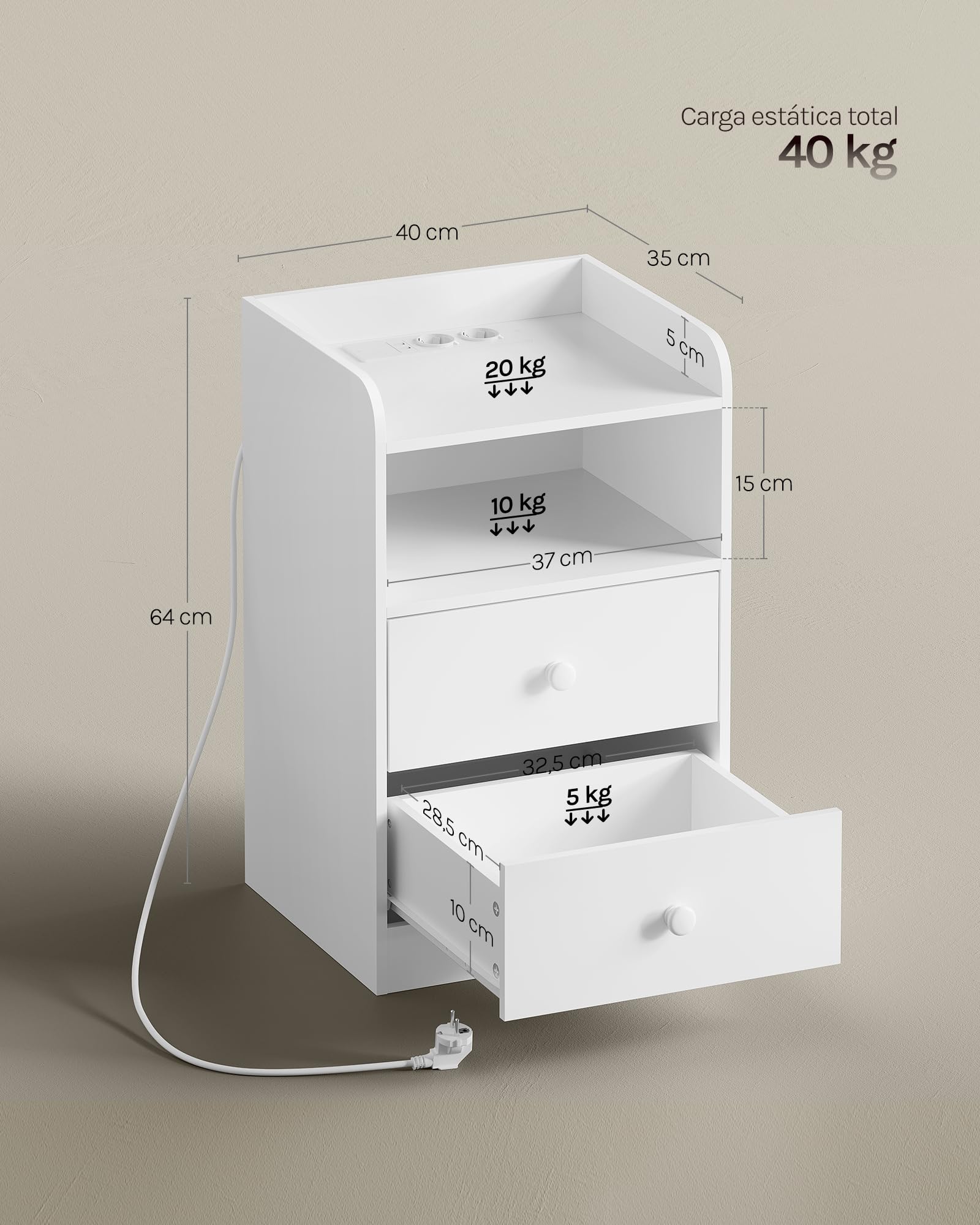 WOLTU Juego de 2 Mesita de Noche con Estación de Carga y Luz LED, Mesa Auxiliar con Enchufes, Puertos USB, Mesa Noche de Madera con Cajones, 40x35x64 cm, para Dormitorio, Blanca, NTS07ws-2