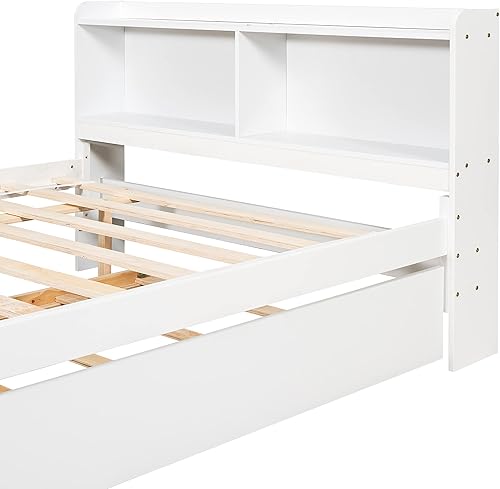 Miniatura 8 de P PURLOVE Cama de plataforma de madera con nido y estantería, marco de cama de plataforma completa, no necesita somier (tamaño matrimonial, blanco)
