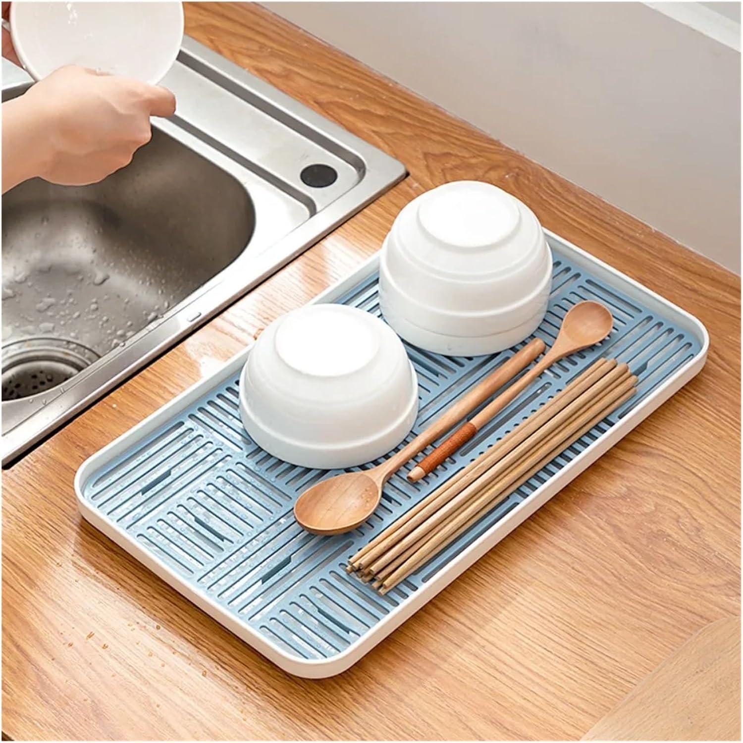 Dish Drainer Double Layer Detachable Tableware Storage Tray Kitchen Accessory 1 Piece (Blue, Large)