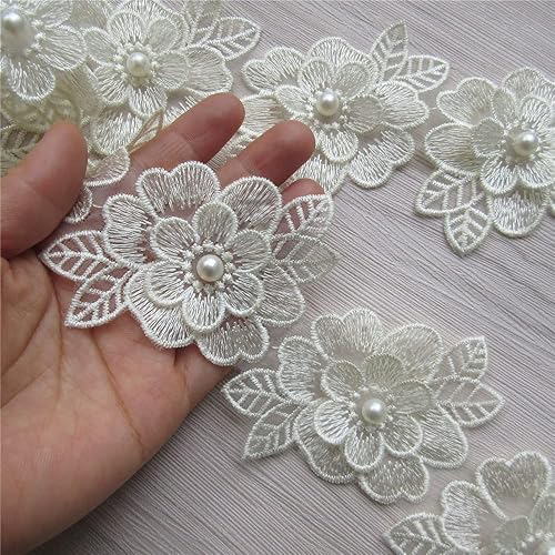 Miniatura 9 de 2 yardas de encaje de flores 3D bordadas con perlas de poliéster de cinta de encaje de tela de patchwork para vestido de novia hecho a mano DIY