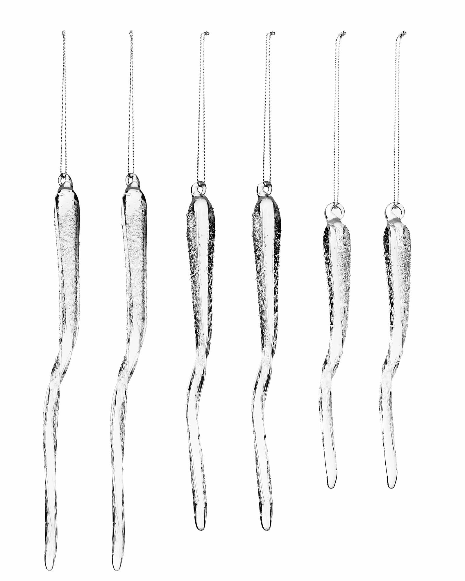 Frosted Clear Glass Icicles – Set of 6 Christmas Tree Decorations, 15–25 cm