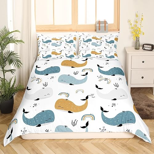 Miniatura 2 de Funda de edredón Kawaii con diseño de ballena arcoíris tamaño Queen, funda de edredón de ballena de dibujos animados para niños y niñas, bonito