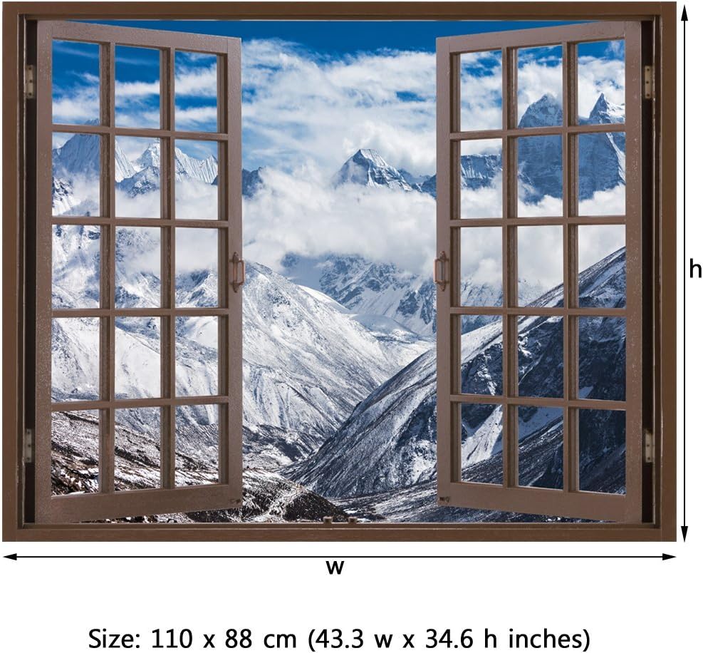 RoyalWallSkins Window Frame Mural Mountains in Everest Region - Huge Size - Peel and Stick Fabric Illusion 3D Wall Decal Photo Sticker