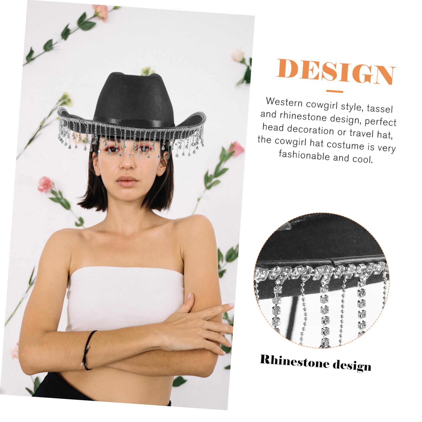 VALICLUD Sombrero de Vaquera para Mujer Sombrero de Boda Brillantes Gemas de Imitación Estilo Occidental Borlas para Fiestas de Boda y Eventos Occidentales
