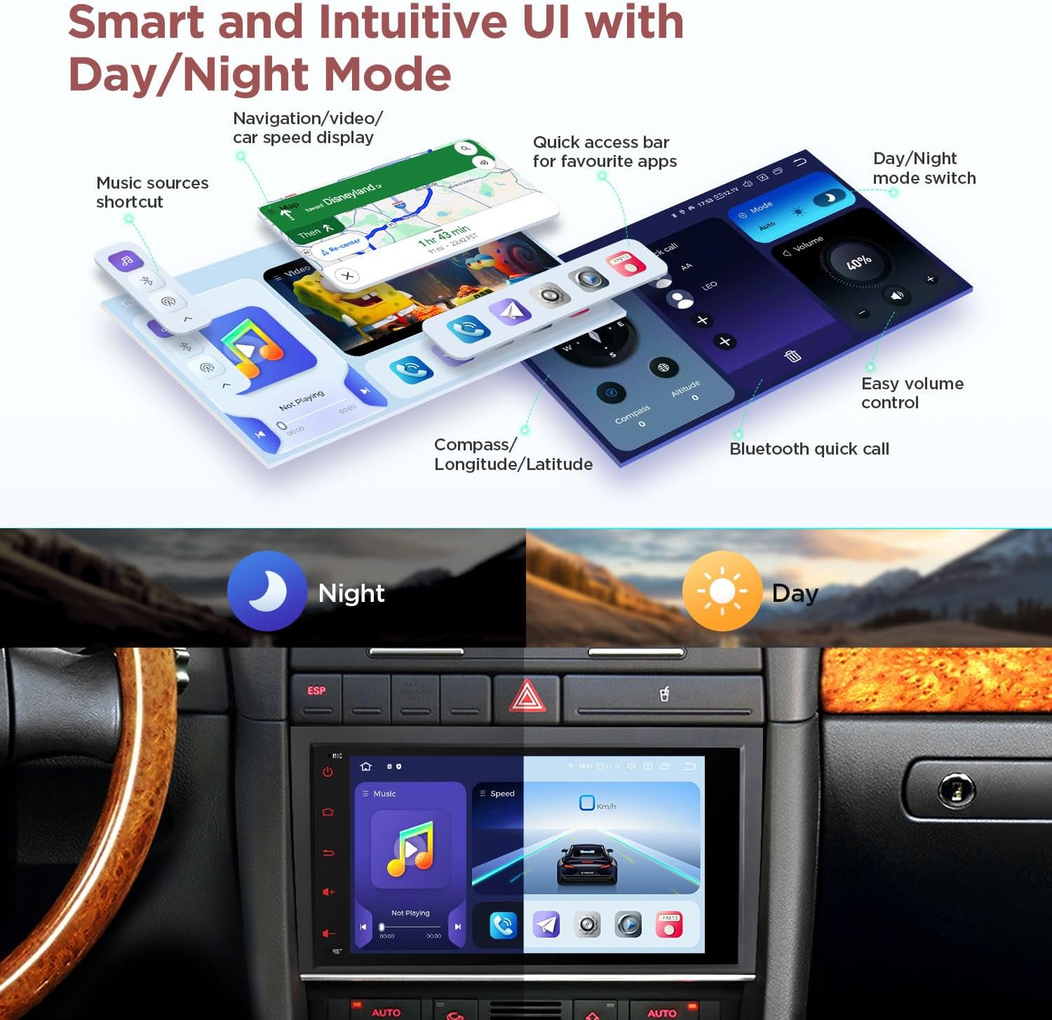 Image showing the Smart and Intuitive UI with Day/Night Mode on the XTRONS car stereo.