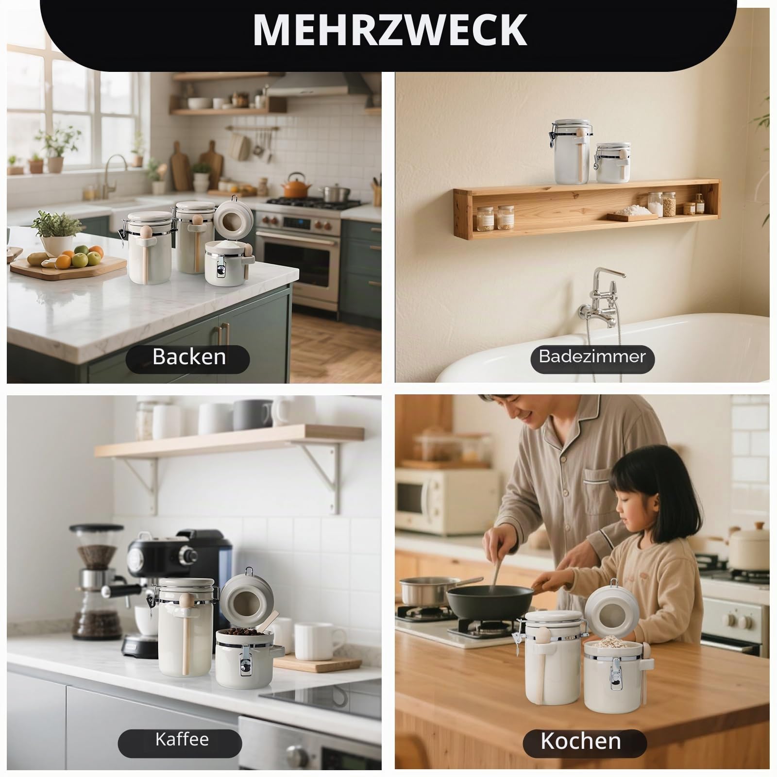 ZEEBERBO 4 Stück Keramik Vorratsdosen Set, Luftdichte Küchen Kanister mit Metallverschluss, Holzlöffel, Kreideetiketten & Marker Für Zucker Kaffee Mehl Tee Vorratsaufbewahrung (Beige)