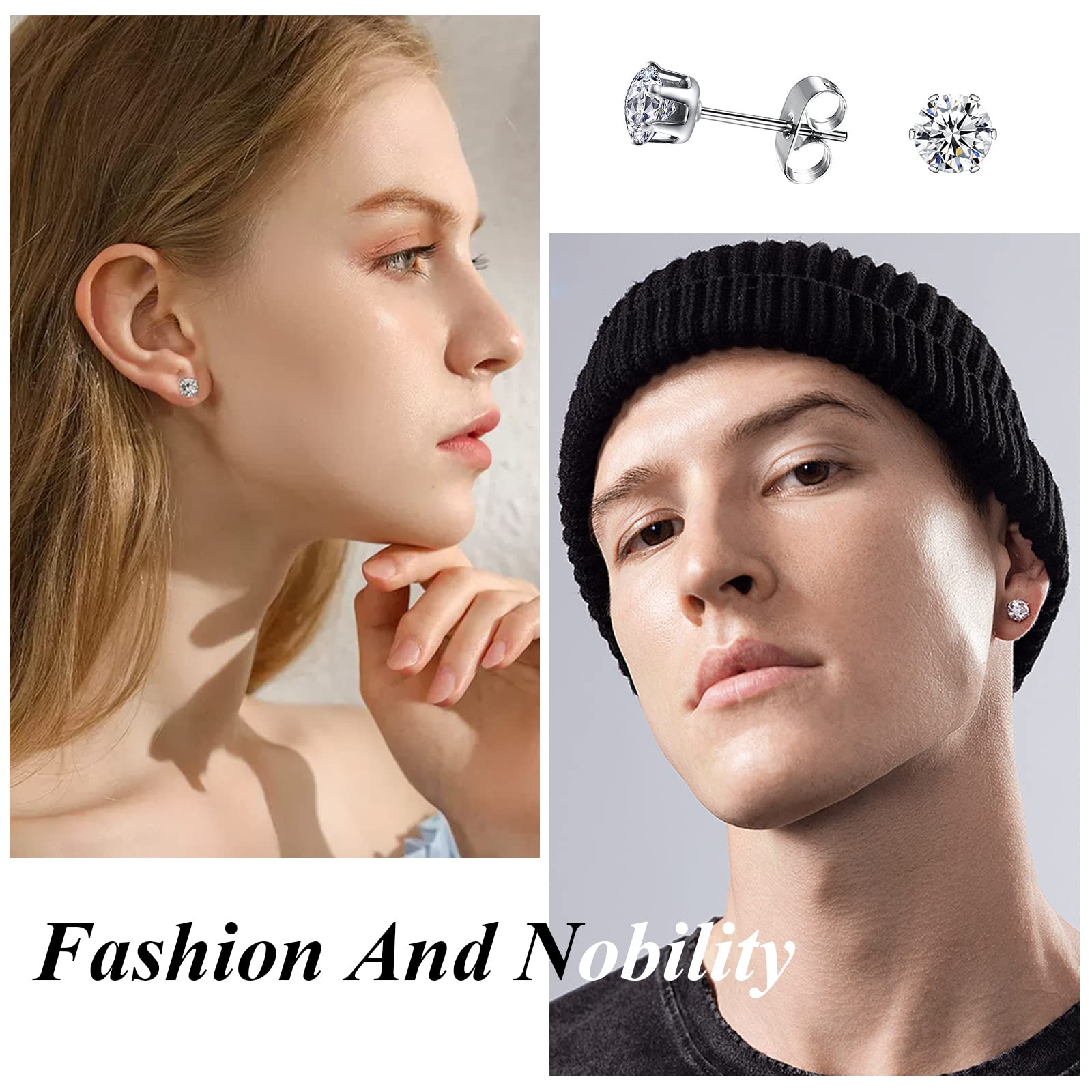 6 Paia Orecchini Uomo Diamante Donna con Zirconia Cubica, Anallergici in Acciaio Chirurgico al Titanio, Brillantini 3 - 8 mm, Bianco