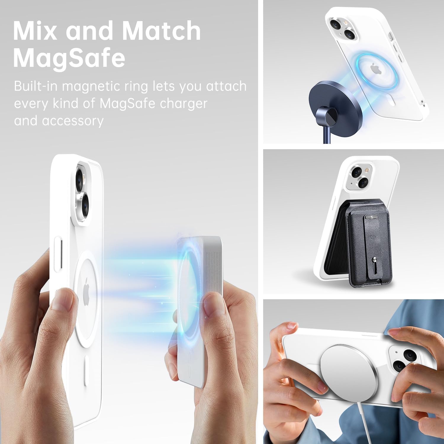 oakxco Funda magnética transparente para iPhone 15, compatible con carga Magsafe, funda protectora delgada para iPhone 15, a prueba de golpes, silicona suave TPU y policarbonato duro, color blanco