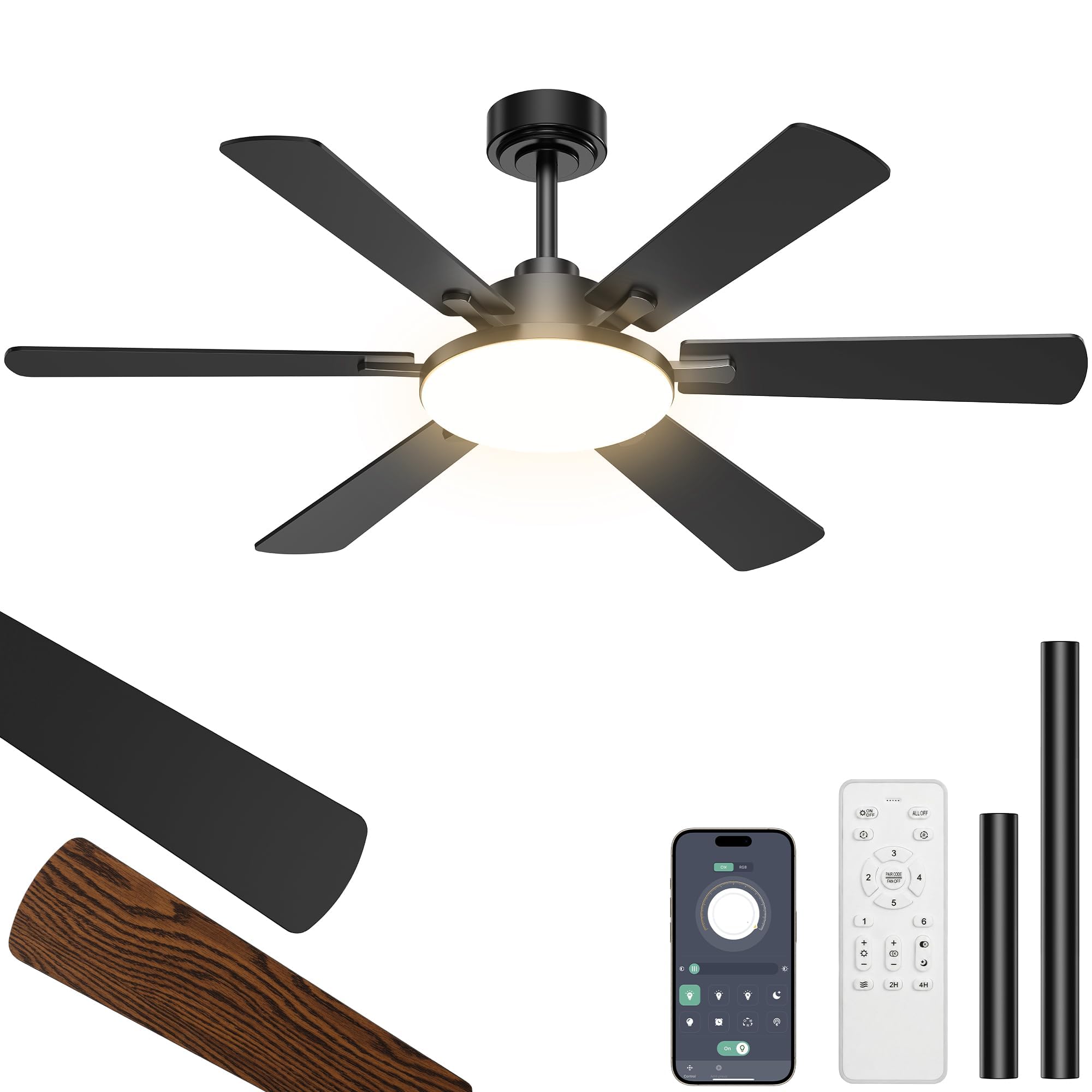 Ventilador de techo con luces de 132 cm, 6 aspas, ventilador de techo con mando a distancia, motor CC, silencioso, reversible, 6 velocidades, 3CCT, regulable, led, doble ala