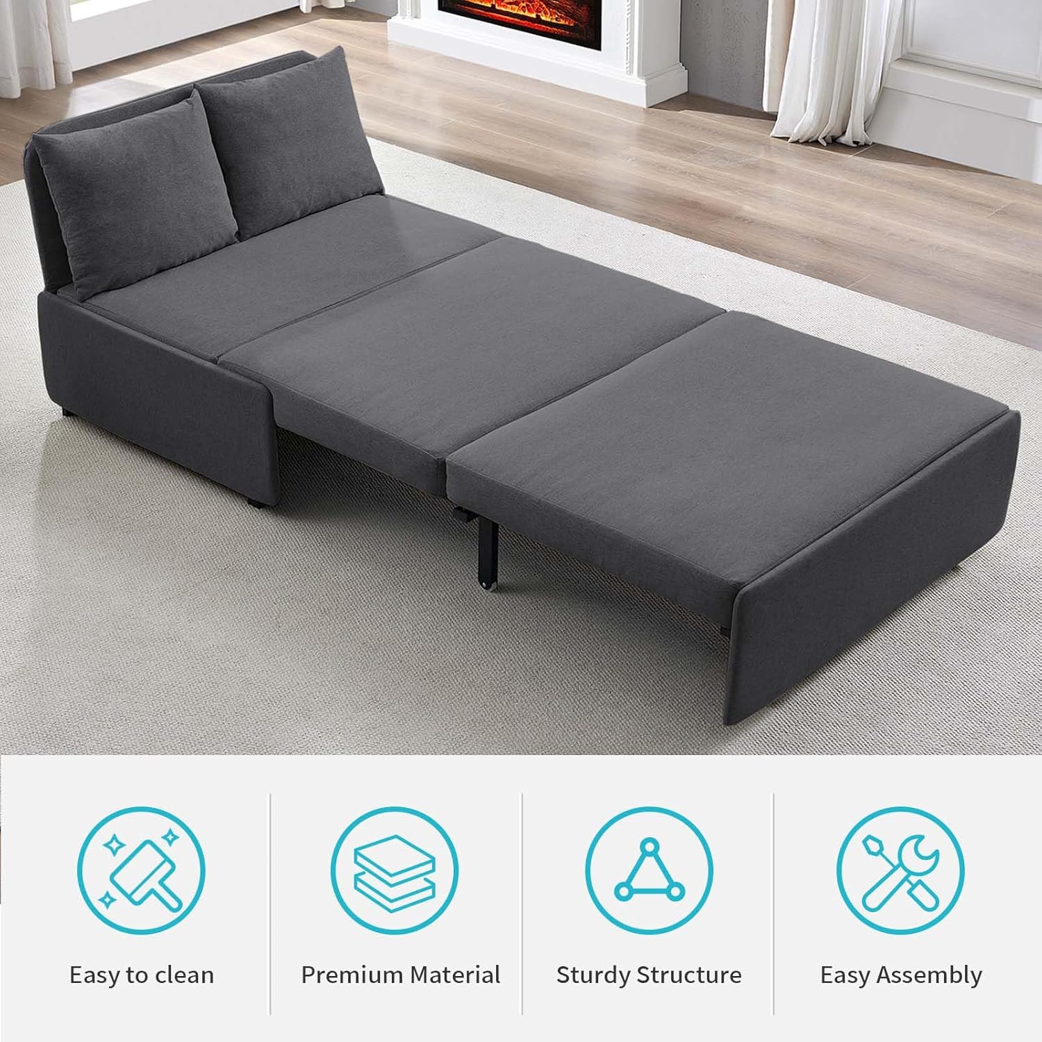 CECER 43.3" Twin Size Pull Out Sofa Bed, Pull Out Couch Bed with 2 Pillows, Linen Convertible Sleeper Sofa with Comfy Mattress, 2 in 1 Armless Loveseat Beds for Small Space-Dark Grey