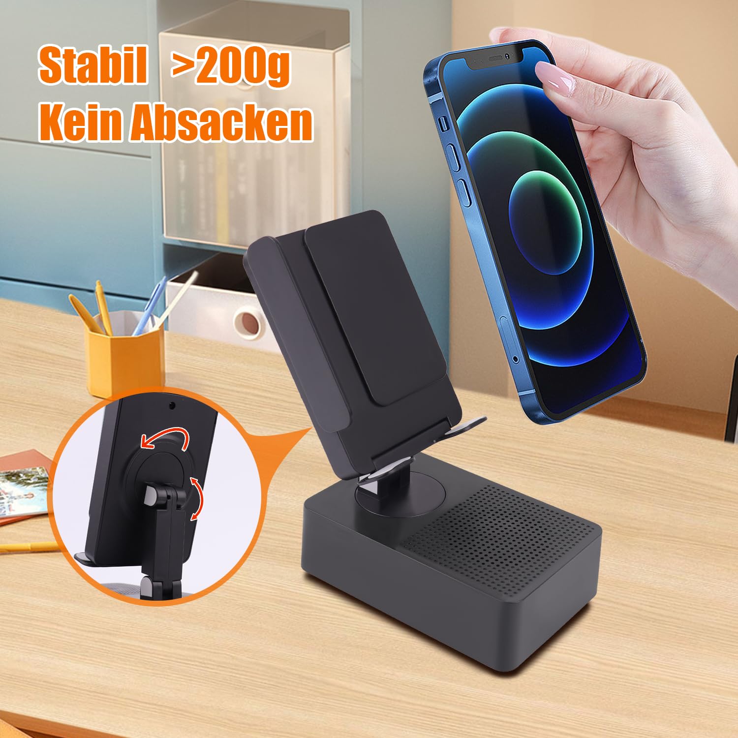 EDUPLINK Altoparlante Bluetooth con supporto per cellulare, induttivo e regolabile a 270°, per smartphone, altoparlante per cucina, ufficio, anziani, regalo per uomini (nero)