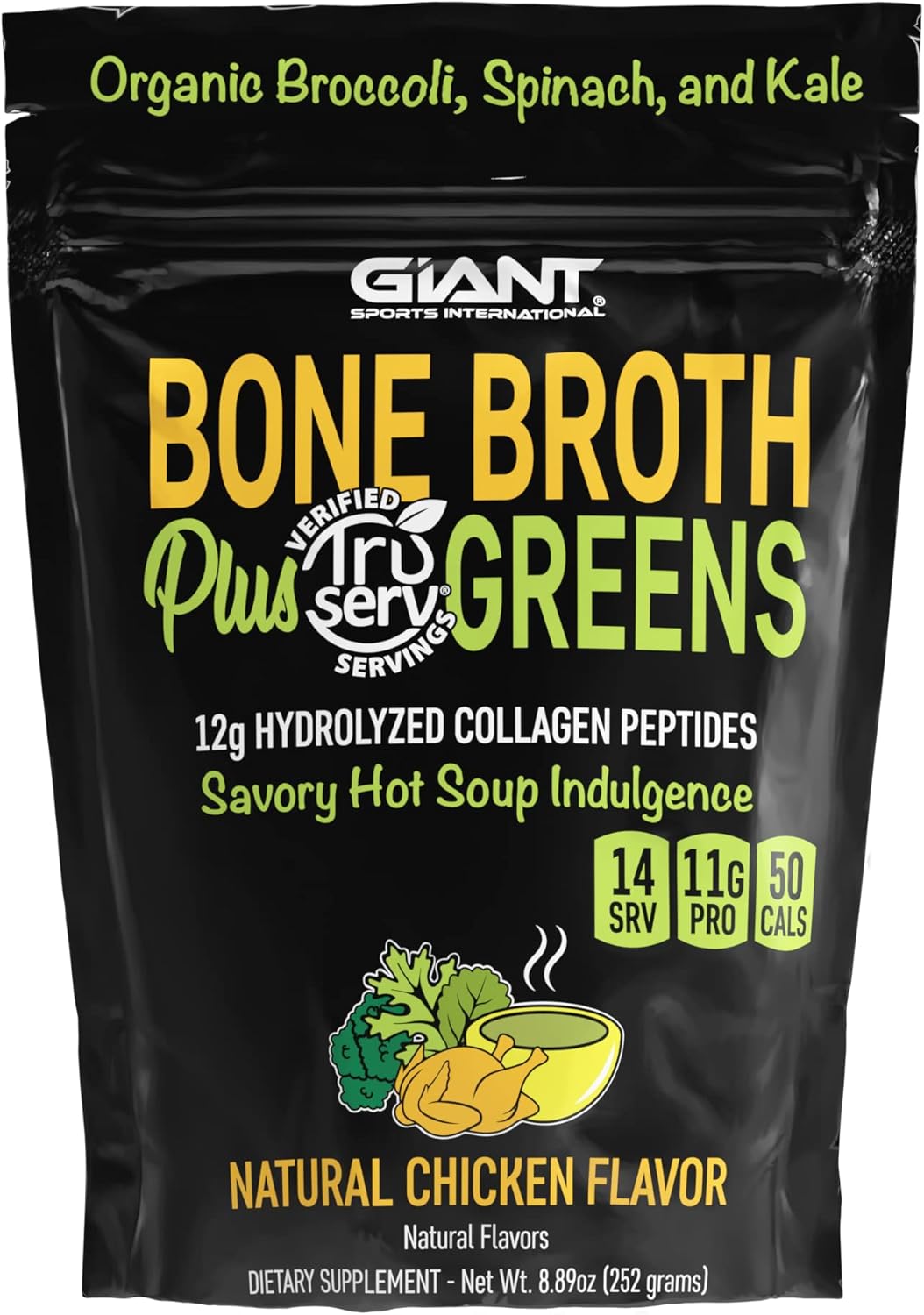 Giant Sports Bone Broth Collagen Plus Greens | Organic Super Greens Powder + Delicious Collagen Protein Powder Mix | Paleo and Keto Friendly | Natural Chicken Flavor 14 Servings