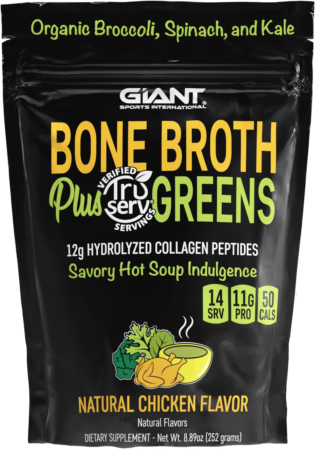 Giant Sports Bone Broth Collagen Plus Greens | Organic Super Greens Powder + Delicious Collagen Protein Powder Mix | Paleo and Keto Friendly | Natural Chicken Flavor 14 Servings