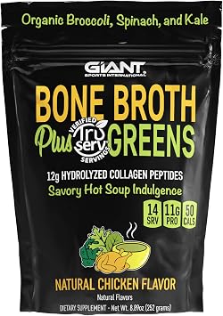 Giant Sports Bone Broth Collagen Plus Greens | Organic Super Greens Powder + Delicious Collagen Protein Powder Mix | Paleo and Keto Friendly | Natural Chicken Flavor 14 Servings