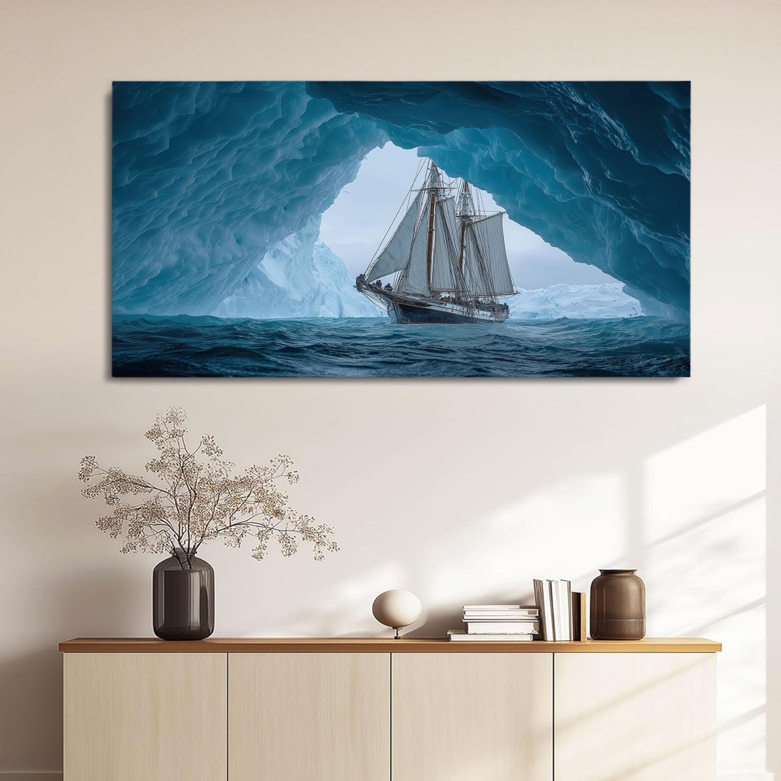 WTD - Lienzo decorativo para salón, diseño náutico, 70 x 50 cm, impresión artística para dormitorio, pasillo, oficina y cocina - velero glaciar océano iceberg azul