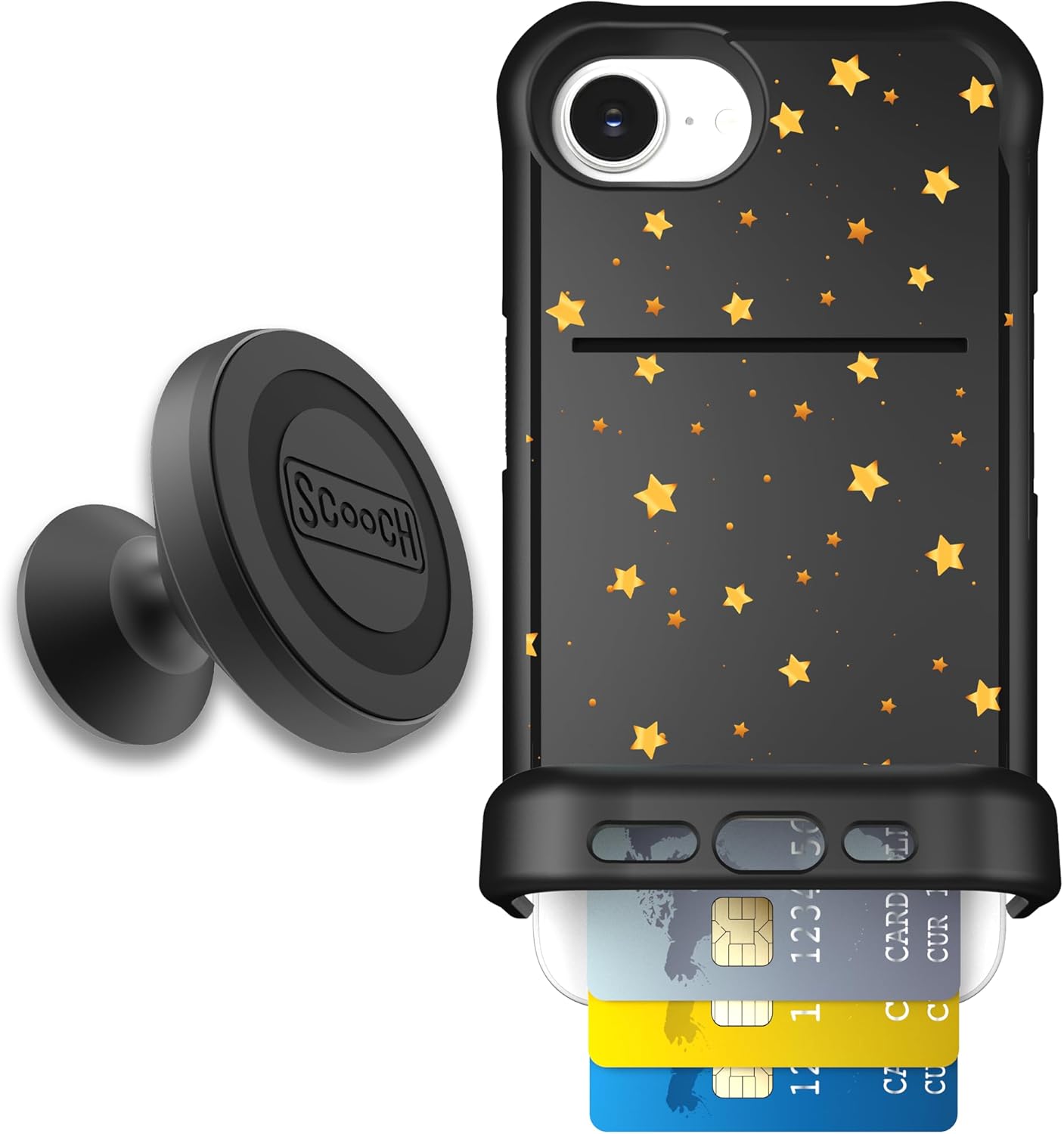 Scooch for iPhone 16e Case with Card Holder, Wingmate Wallet Case with Hidden Card Slot and RFID Protection for up to 4 Cards, 10-Foot Drop Protection, Wingmount Bundle, Gold Stars
