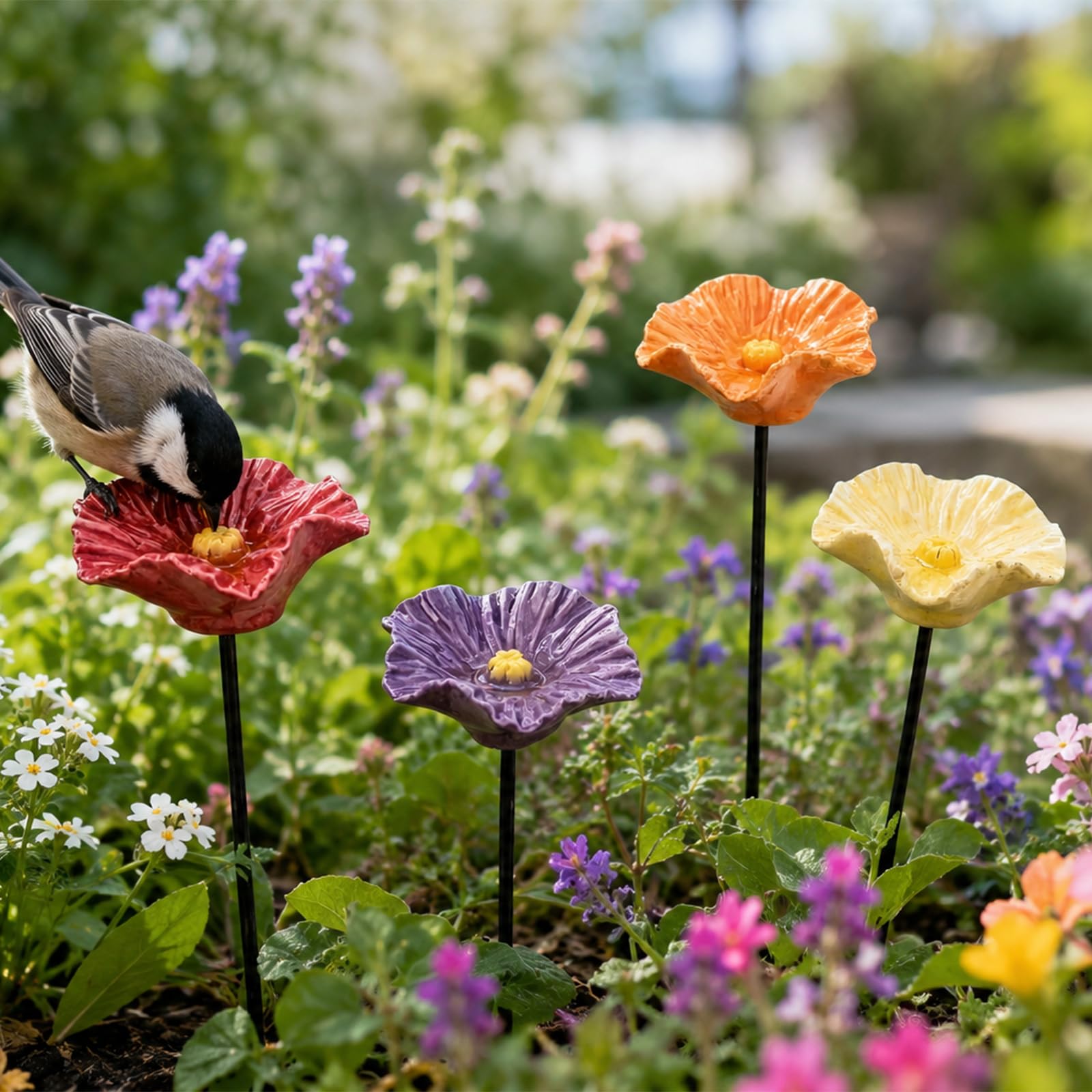 Keramik Vogeltränke Blumenform, 4er-Set mit Erdspieß, wetterfest & frostsicher, Vogelbad & Insektenwasserstelle für Bienen, Insekten und Vögel, Gartendekoration für Garten, Beet & Balkon (8er-Set)