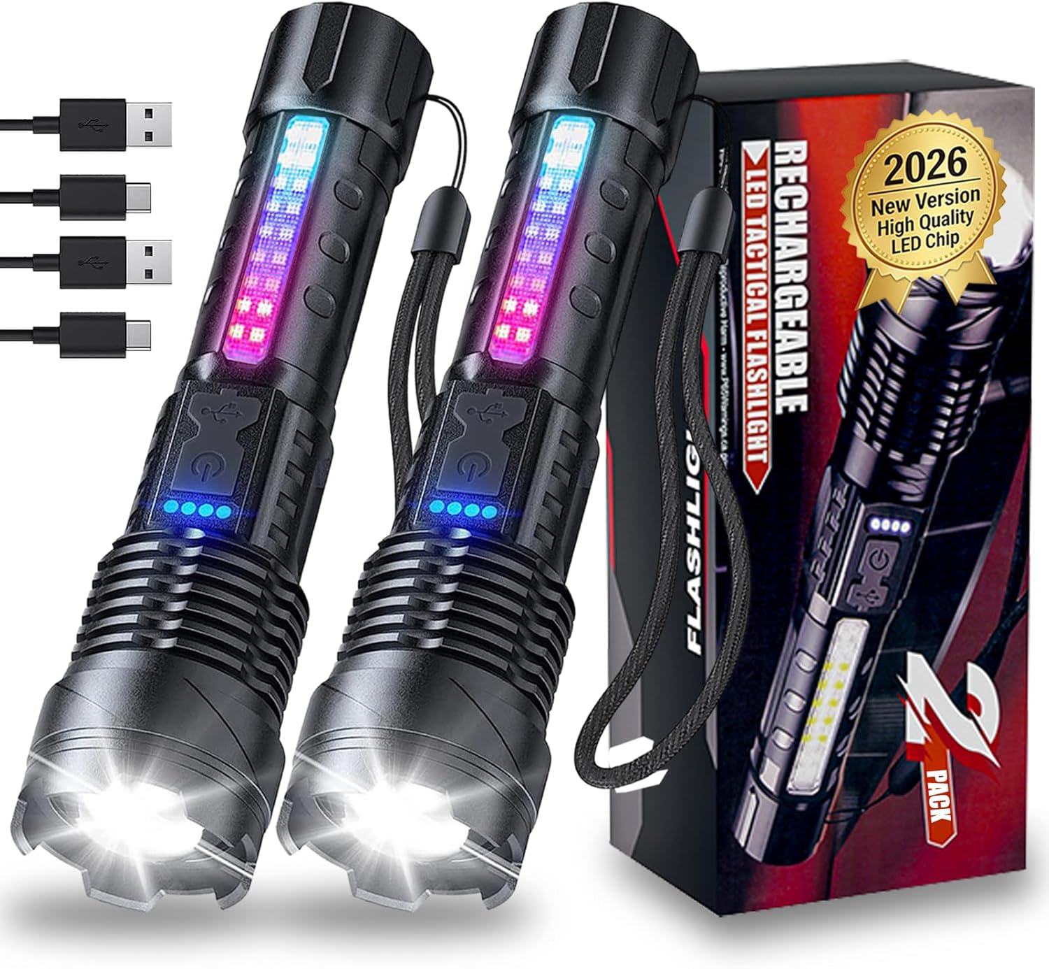 Rechargeable Flashlights LED Excessive Lumens, 2 Pack Tremendous Vibrant White Laser LED 7 Mode Zoomable Highlight Tactical Flashlights, USB-C Charging, Highly effective Flashlight for Dwelling, Strolling, Tenting, Emergency