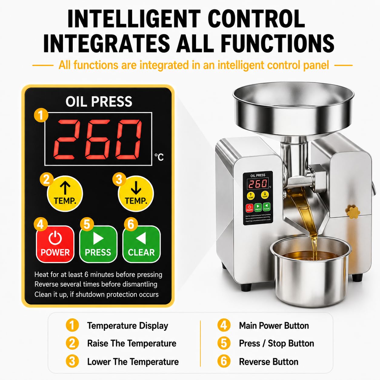 Pressa per Olio Elettrica 1100 W, Macchina per La Spremitura Dell'olio | Per Semi Di Sesamo, Girasole E Arachidi, Temperatura Di Esercizio: 40-300 °c, Funzionamento Continuo 24 Ore Su 24