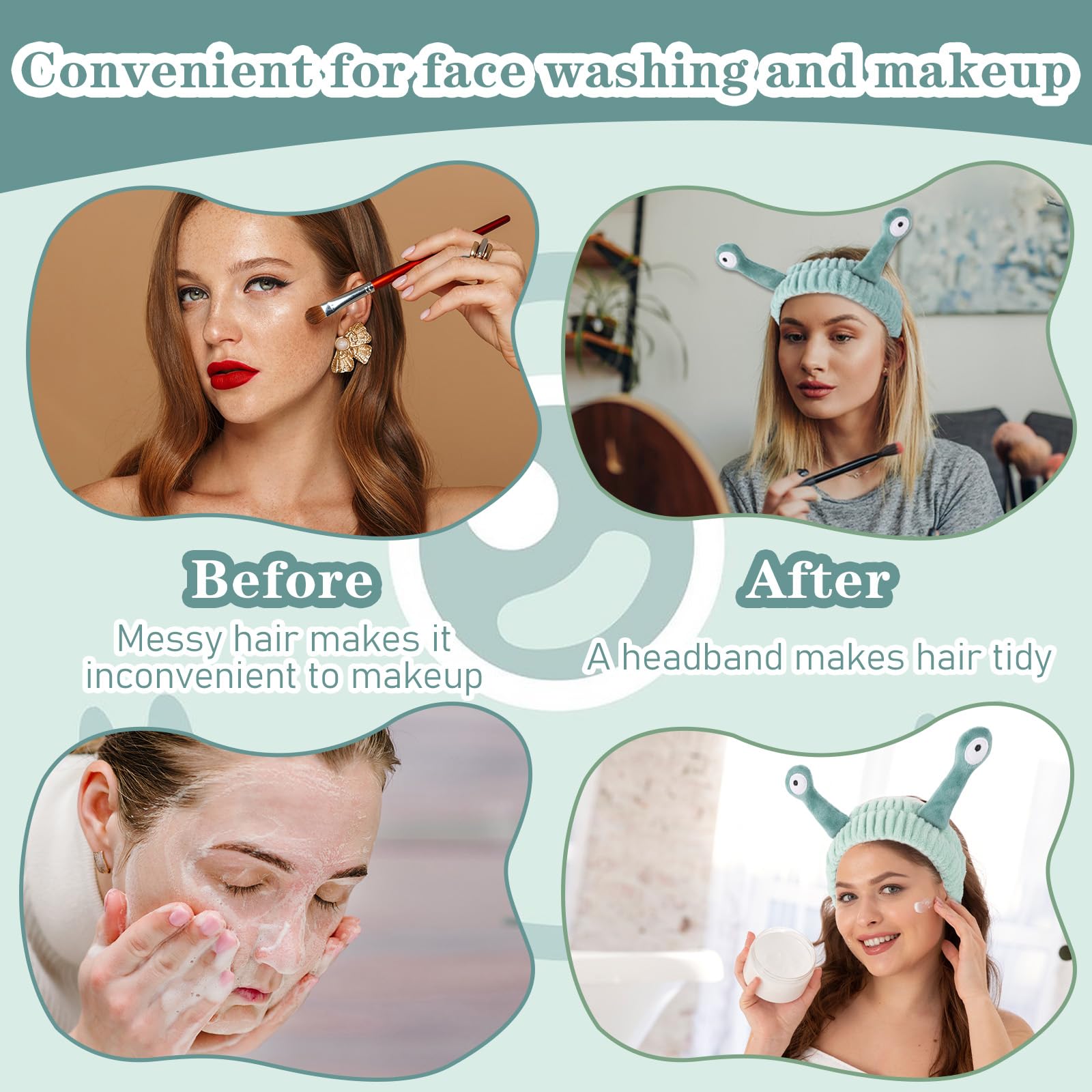 KFHENSOMR 3Pcs Face Wash Headband Snail Spa Hair Bands Cute Makeup Headbands Women Cartoon Creative Hair Accessories Elastic Coral Fleece Fun Gifts for Washing Face Shower Beauty Skincare - Image 4