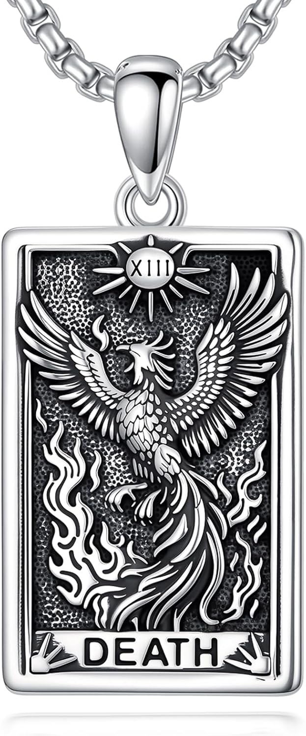 PELOVNY Phoenix Necklace 925 Sterling Silver Shield/Sword/Crystal/Tarot Card/Dog Tag/Cross/Abalone/Axe Pendant Rising Bird Jewelry for Anniversary Birthday Christmas Gifts Men Women
