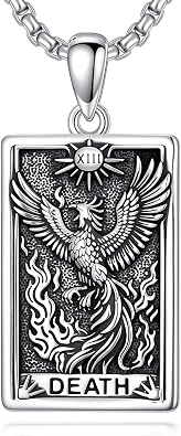 PELOVNY Phoenix Necklace 925 Sterling Silver Shield/Sword/Crystal/Tarot Card/Dog Tag/Cross/Abalone/Axe Pendant Rising Bird Jewelry for Anniversary Birthday Christmas Gifts Men Women