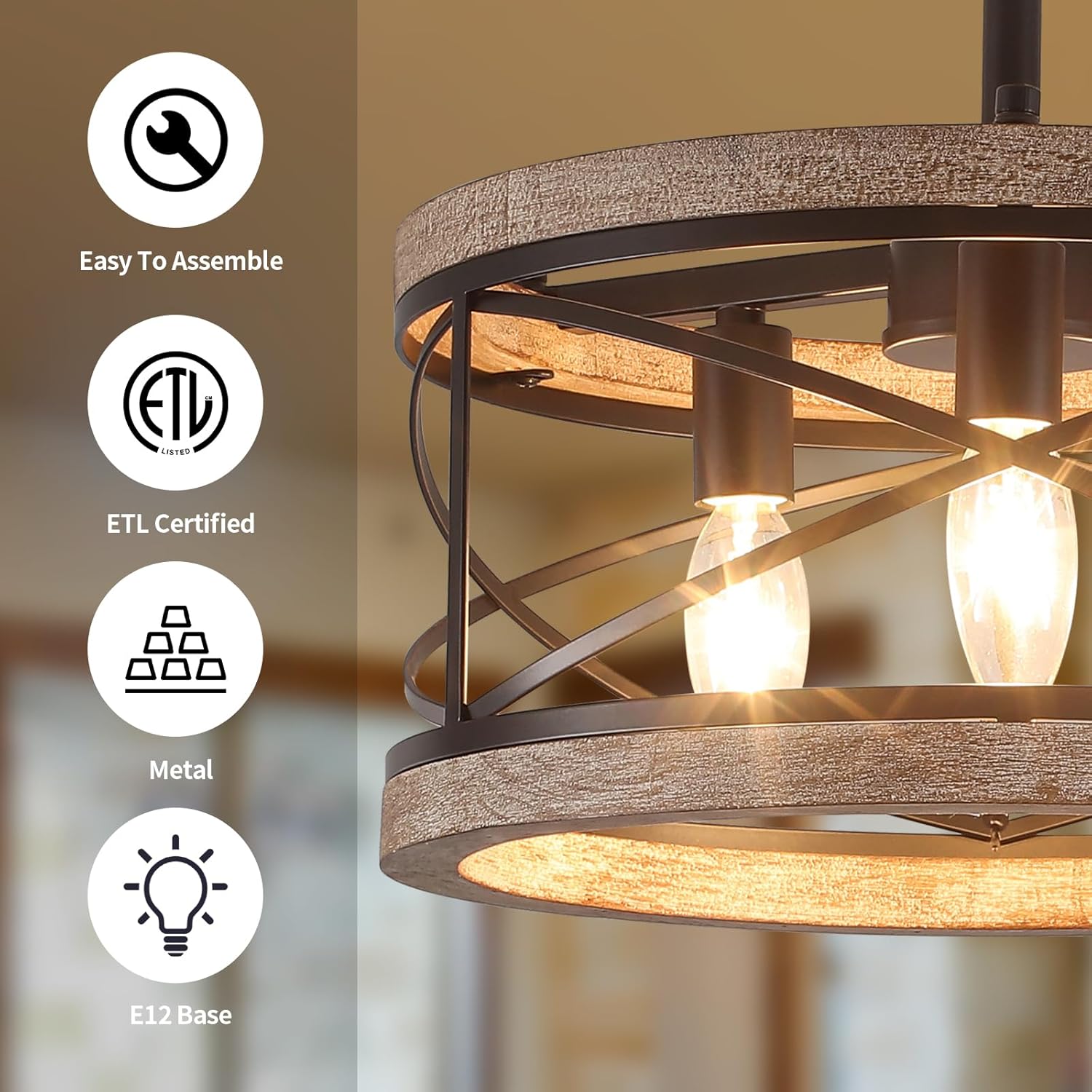 Farmhouse Flush Mount Ceiling Light Fixture, 3-Light Rustic Ceiling Lights Round Drum Metal Industrial Entryway Light Fixture for Hallway Living Room Bathroom Dining Room Kitchen