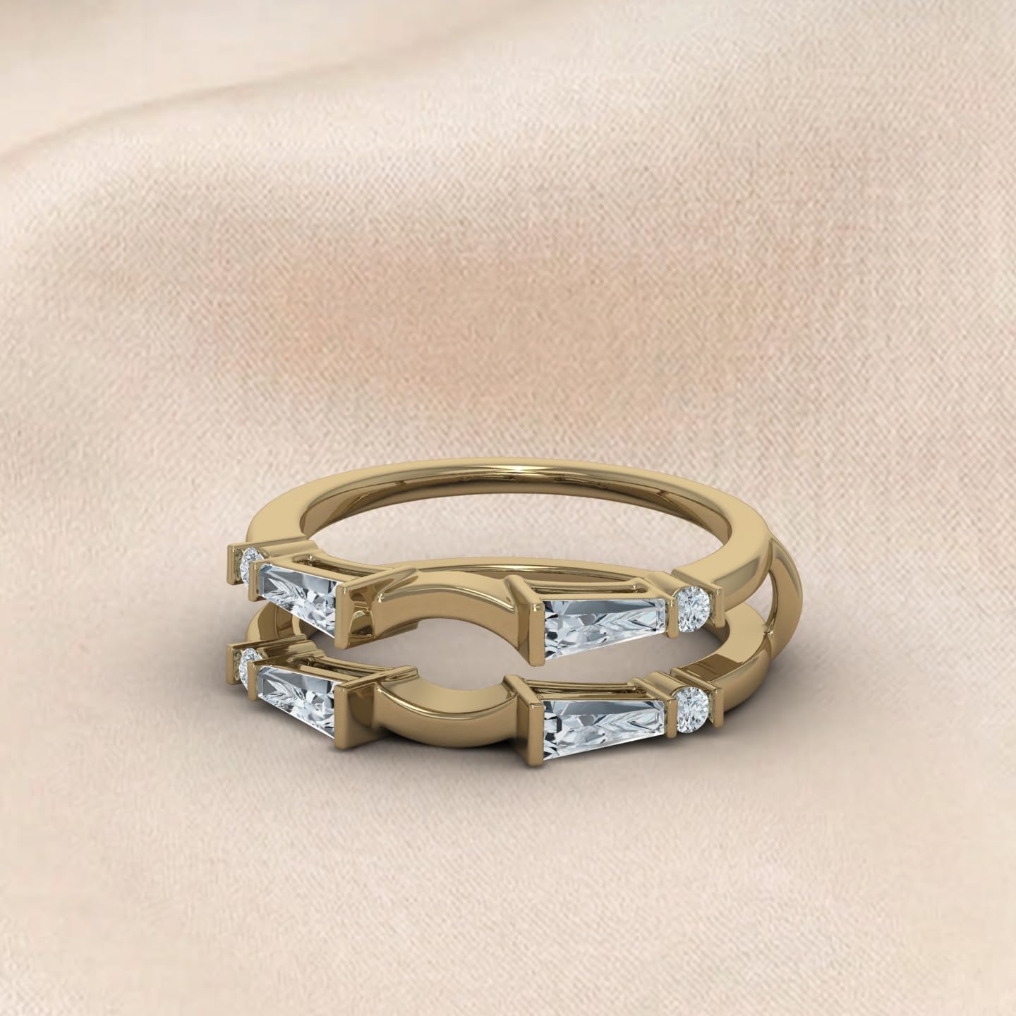 Tapered Baguette & Round Cut White Cubic Zirconia OR Lab Grown Diamond Curved Double Ring Enhancer Guard for Women in 10K or 14K Solid Gold, Bridal Wedding Band Wrap for Engagement Ring Jewelry for Her