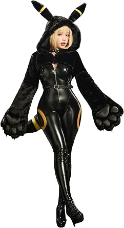 Mobbunny Women Anime Derivative Cosplay Costume PU Leather Sexy Tight Bodysuit Plush Paw Hooded Jacket with Tail