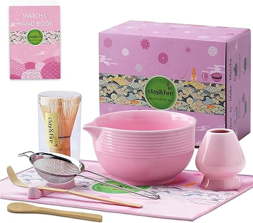 Clay&Fire Juego de batidor de matcha, juego de 9 piezas de cerámica matcha, regalos para mujeres, cuenco de matcha con boquilla y batidor, kit de