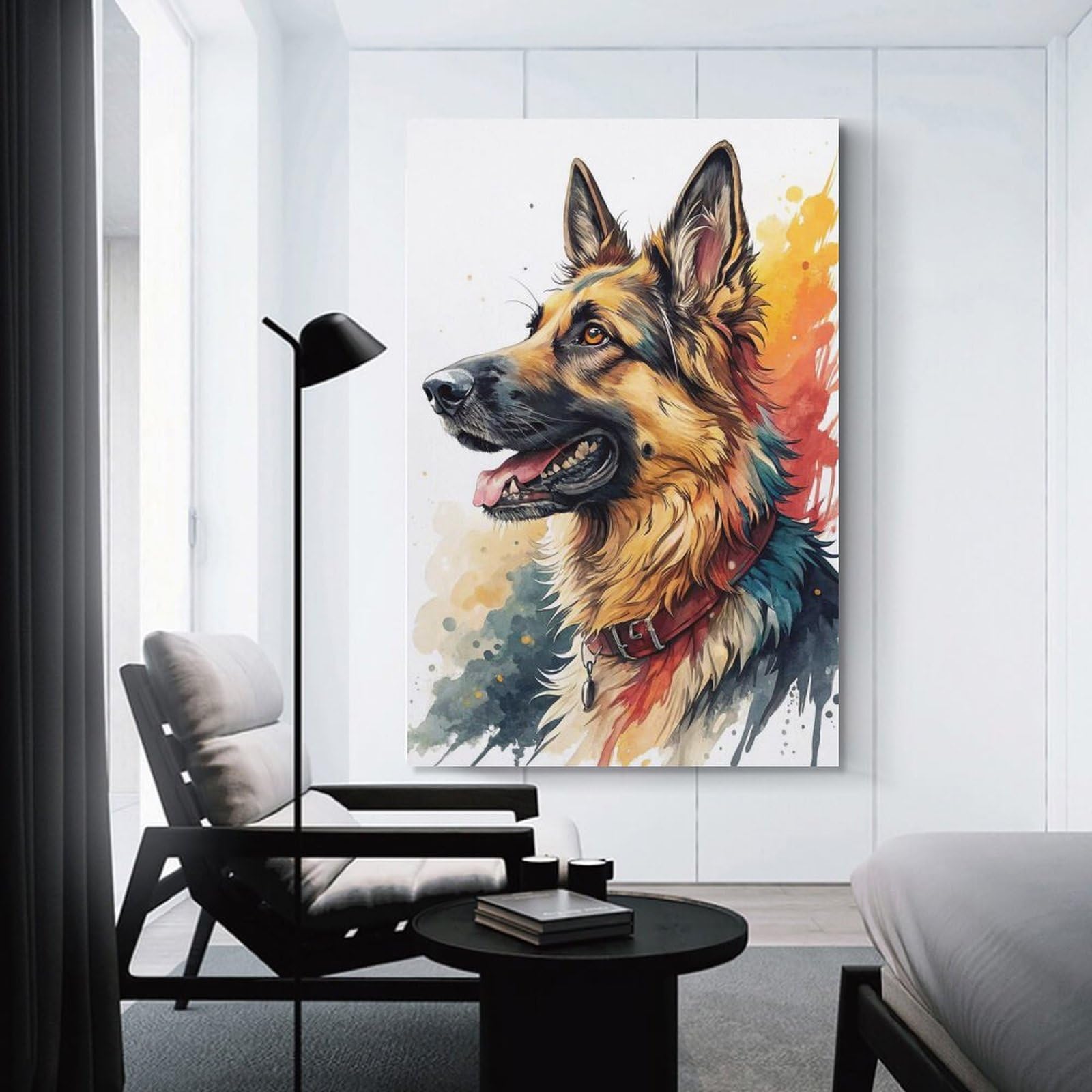 Junmoney Watercolor German Shepherd Portrait Wall Art Print, 16x24inch(40x60cm), for Office, Study Or Home Workspace, Decorative Artwork for Productive Spaces