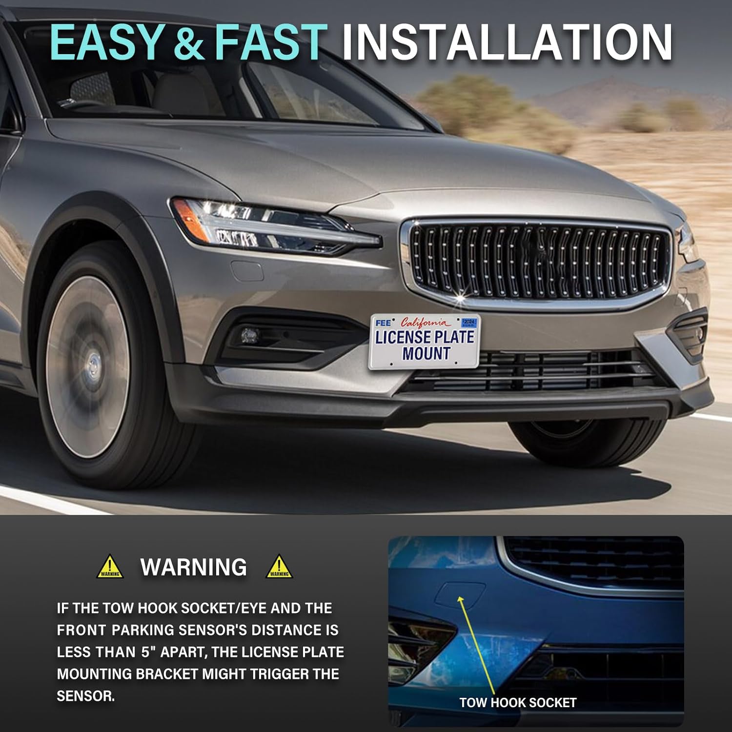 No Drill Front Bumper Tow Hook License Plate Mount Bracket Holder Compatible with Volvo S60 2019-2023, V60 2015-2023, XC60 2008-2017, XC60 2018-2023 Front License Plate Frames Mounting Car Accessories - Image 6