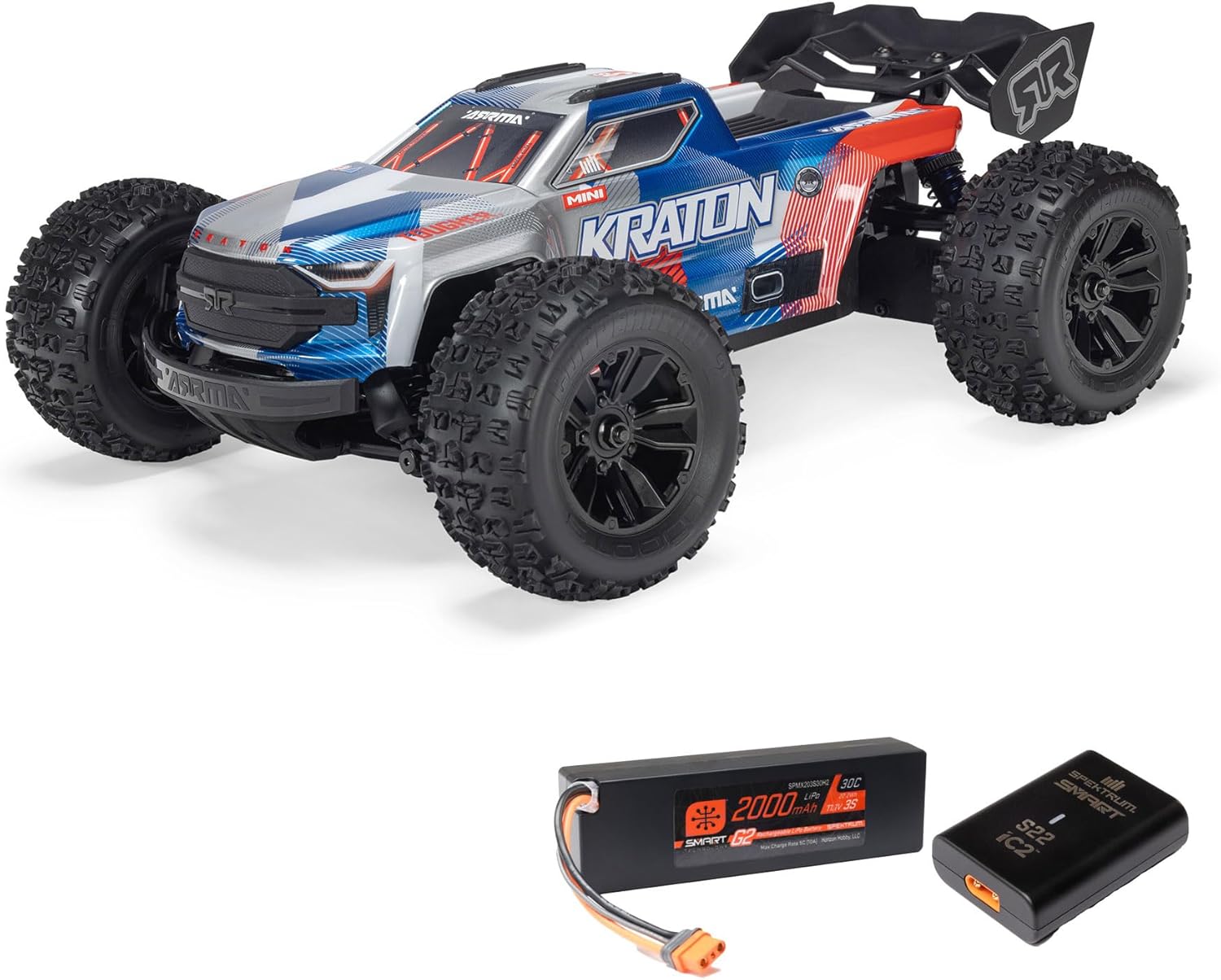 ARRMA 1/16 Mini Kraton 3S DSC 4X4 RTR Brushless Speed Truck (3S Battery & Charger Included), Red/Blue, ARA2508ST1