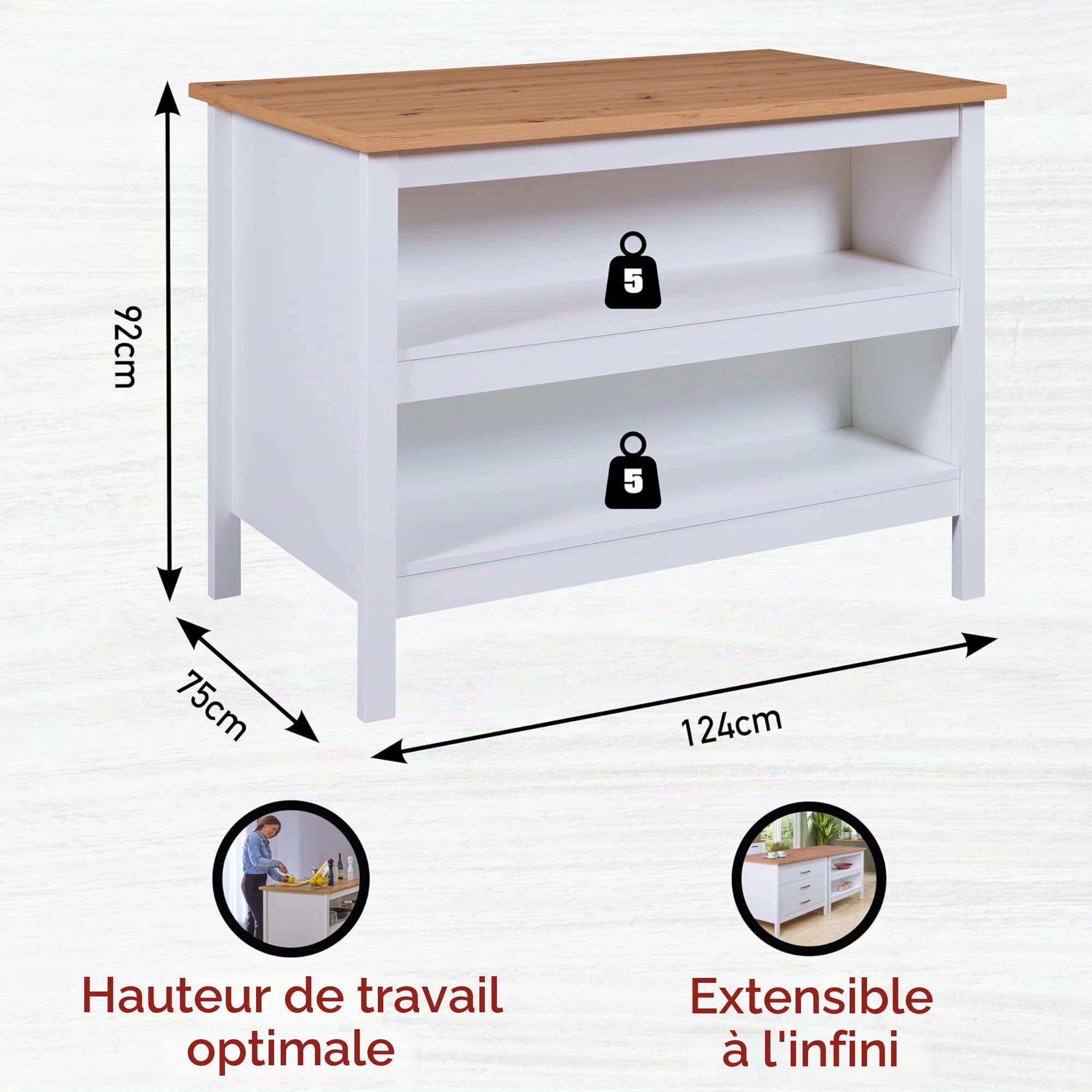 Inter Link - Ilot de cuisine - Ilot central - Plan de travail - Meuble de cuisine avec étagères - Mélaminé - Longueur 124cm - Hauteur 82 cm - Profondeur 75 cm - Julina - Blanc/Chêne Artisan