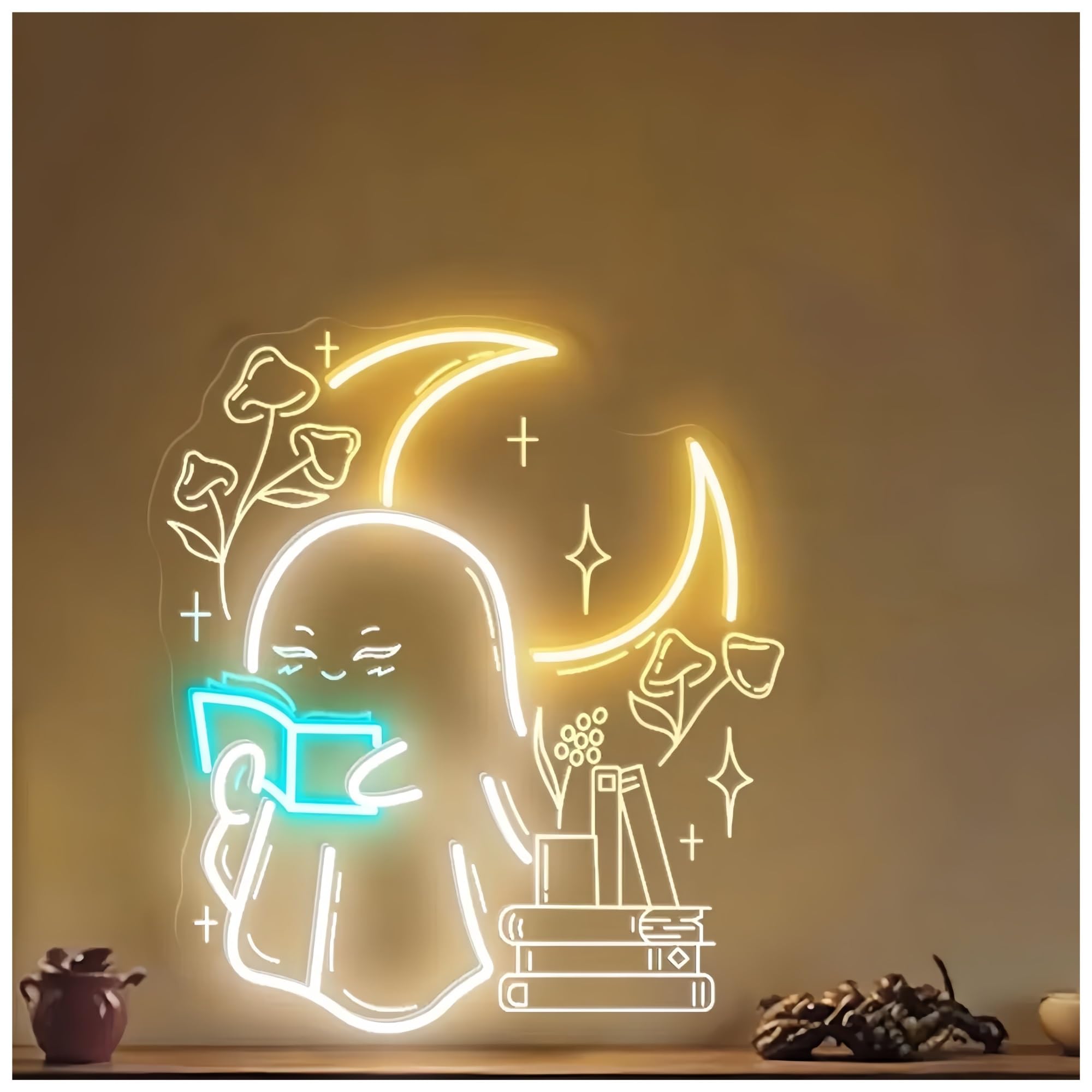 Shouxi B Sign Lamp Ghost Reading Ook Neon Sign, Oo Reading Ooks Neon Sign, Suitable For Edroom Wall Decor 50X44cm(B)