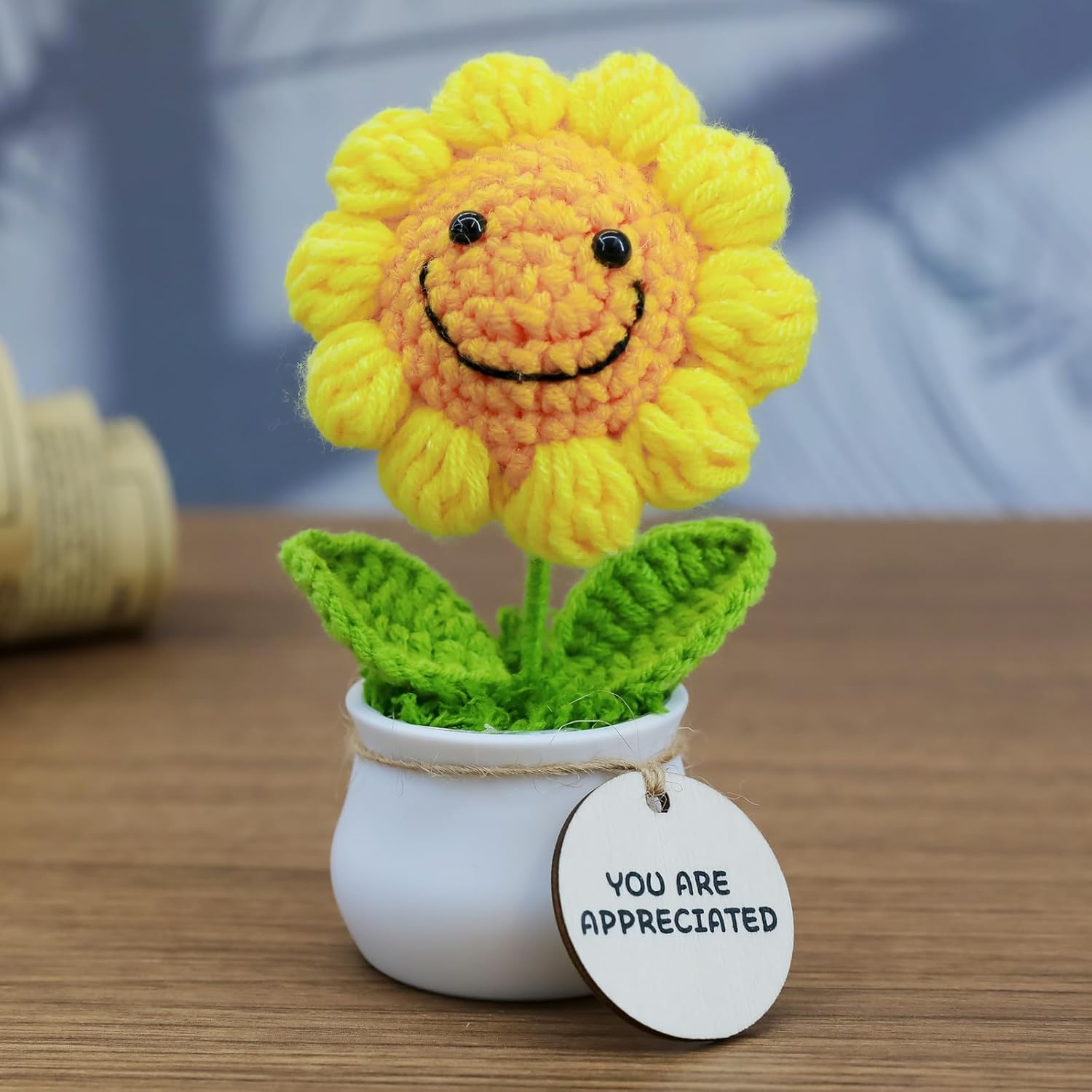 MSEHKM Encouragement Crochet Flowers with Positive Wooden Affirmations Handmade Artifical Flower Decor Ideal for Birthday/Christmas/Thank You Present (Gold Sunflower, You are Appreciated)