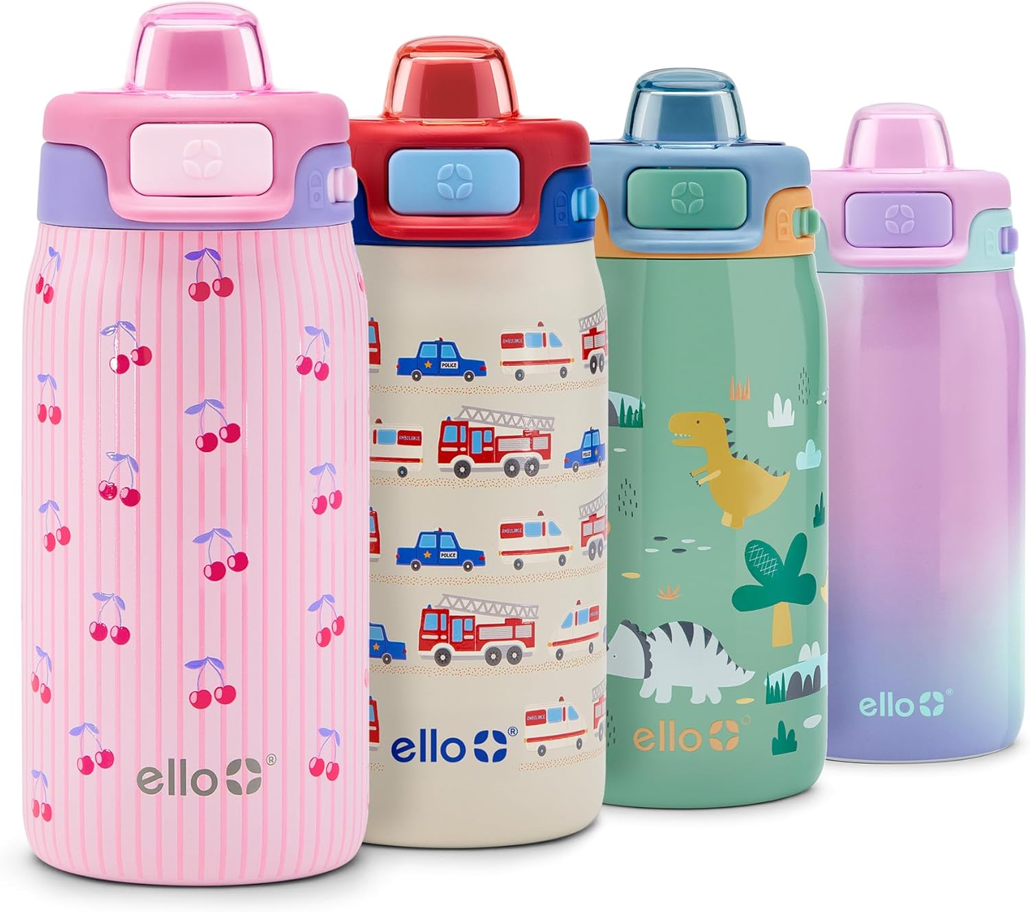 Ello Kids Pop & Fill 12oz Toddler Water Bottle with Quick Fill Lid, Double-Wall Vacuum Insulated Stainless Steel, Leak Proof, BPA Free, Sip & Chug, For School, Lunchboxes, Preppy Cherries