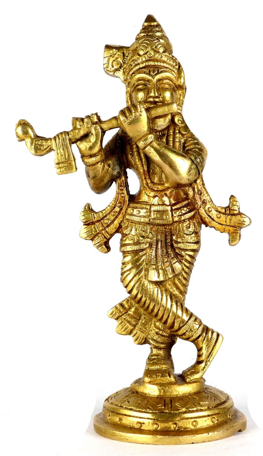 Lord Krishna Brass Idol Statue Sculpture for Pooja, Home Decor, Temple (Krishna-03)