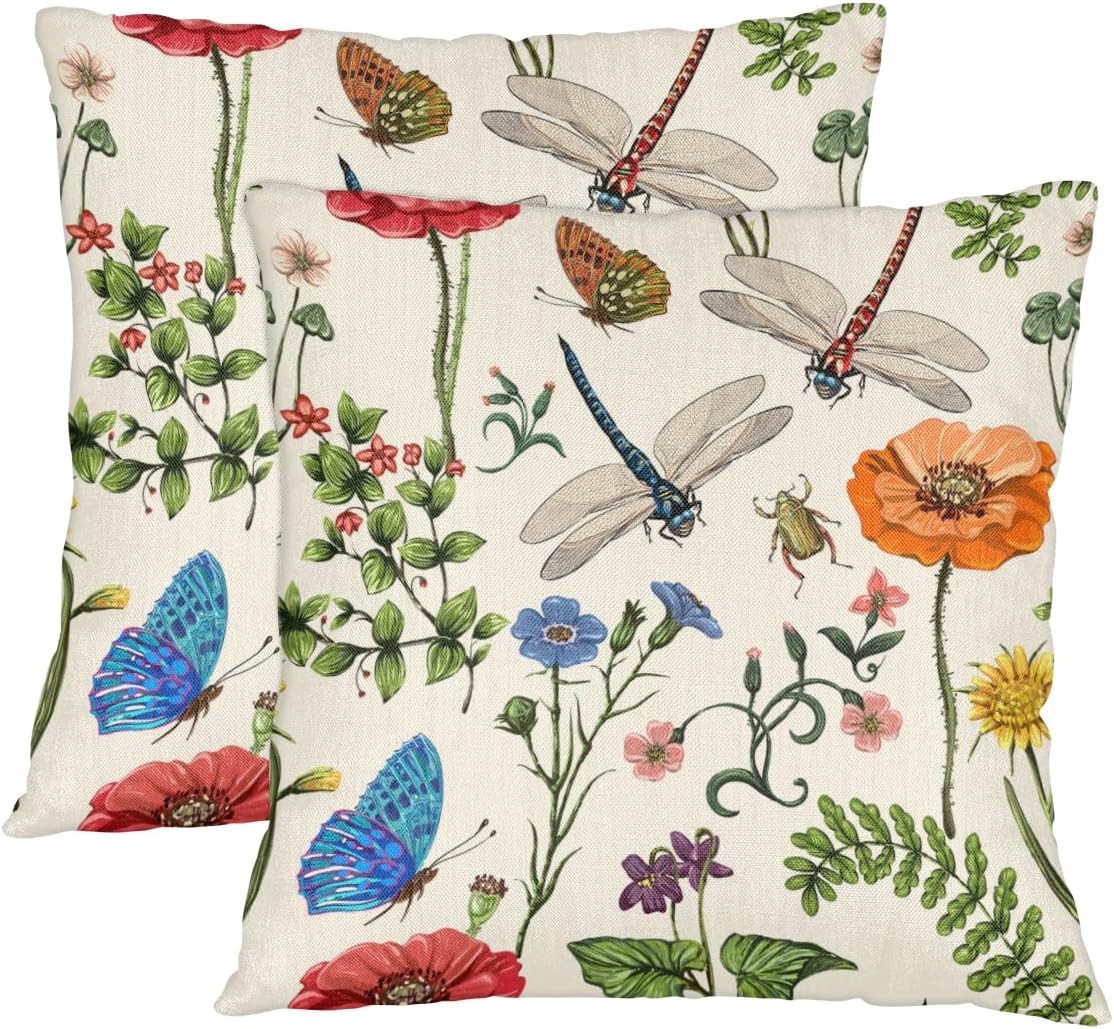 Dragonfly Butterfly Floral Throw Pillow Covers 20x20 Inch for Living Room Couch Bed Sofa Square Cushion Case Decorative Throw Pillow Cover Farmhouse Boho Home Decor