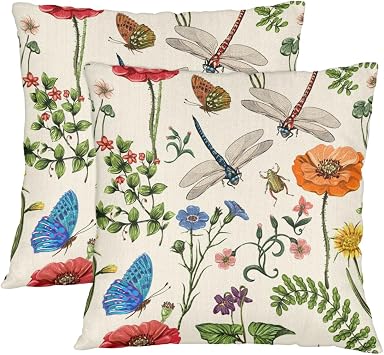 Dragonfly Butterfly Floral Throw Pillow Covers 14x14 Inch for Living Room Couch Bed Sofa Square Cushion Case Decorative Throw Pillow Cover Farmhouse Boho Home Decor