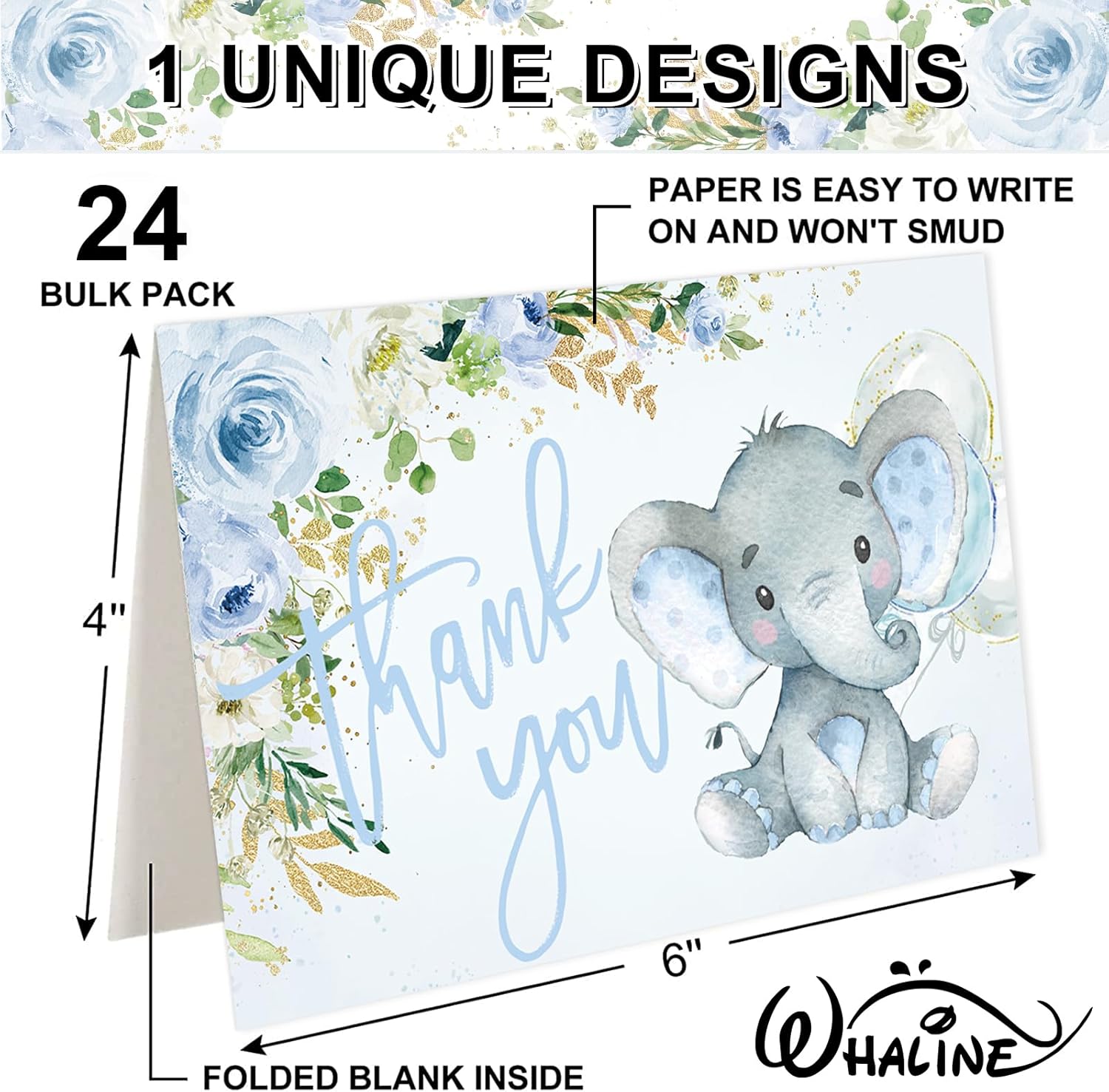 Whaline 24 Pack Baby Shower Thank You Card Blue Elephant Floral Greeting Card with Envelope Sticker Flower Animal Blank Note Card for Party Invitation Supplies, 4 x 6 Inch - Image 2