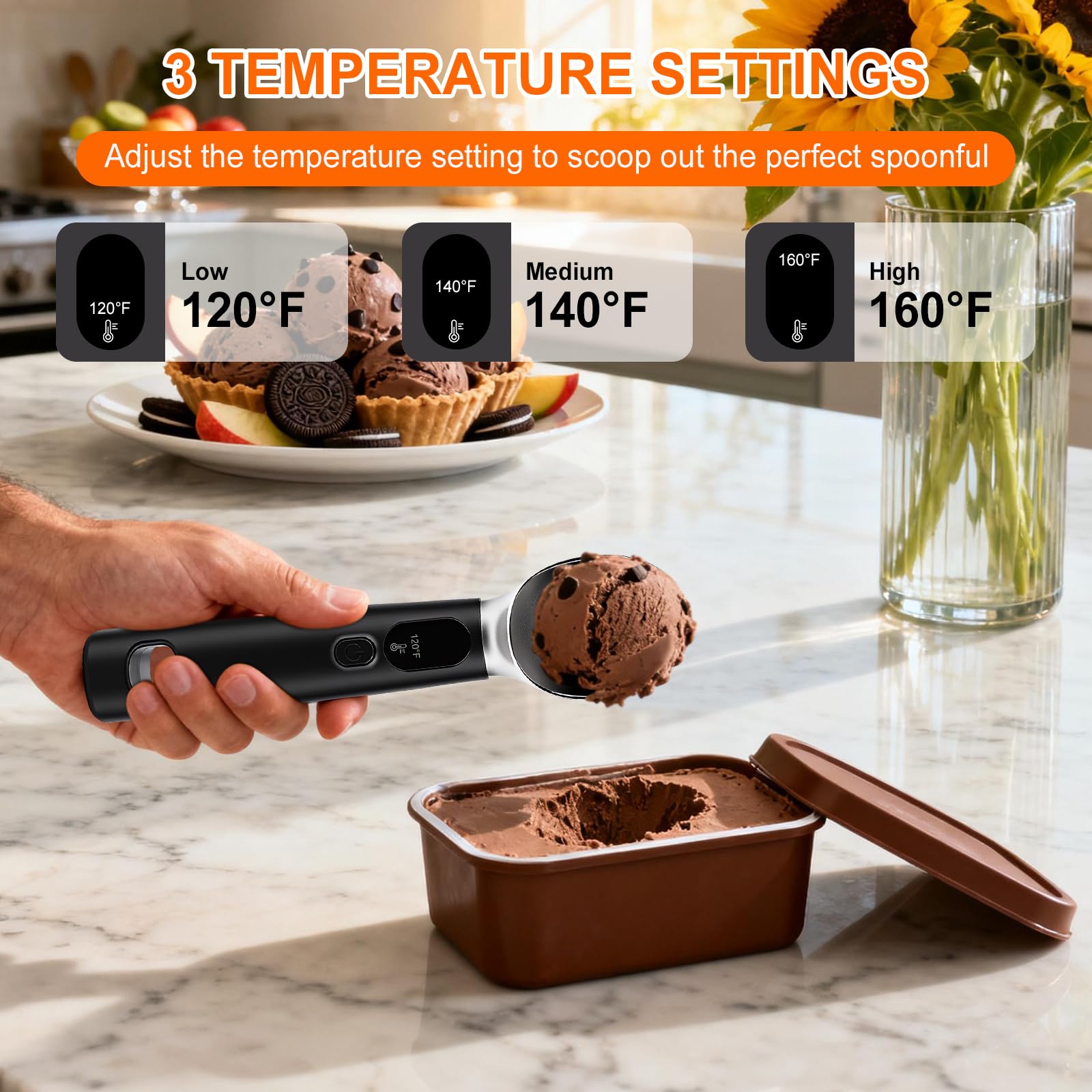 Cuillère à Crème Glacée Chauffante avec 3 Niveaux de Chaleur Réglables–120/140/160°F,Rechargeable Affichage LED,pour Crème Glacée Dure et Plus Encore(Noir)