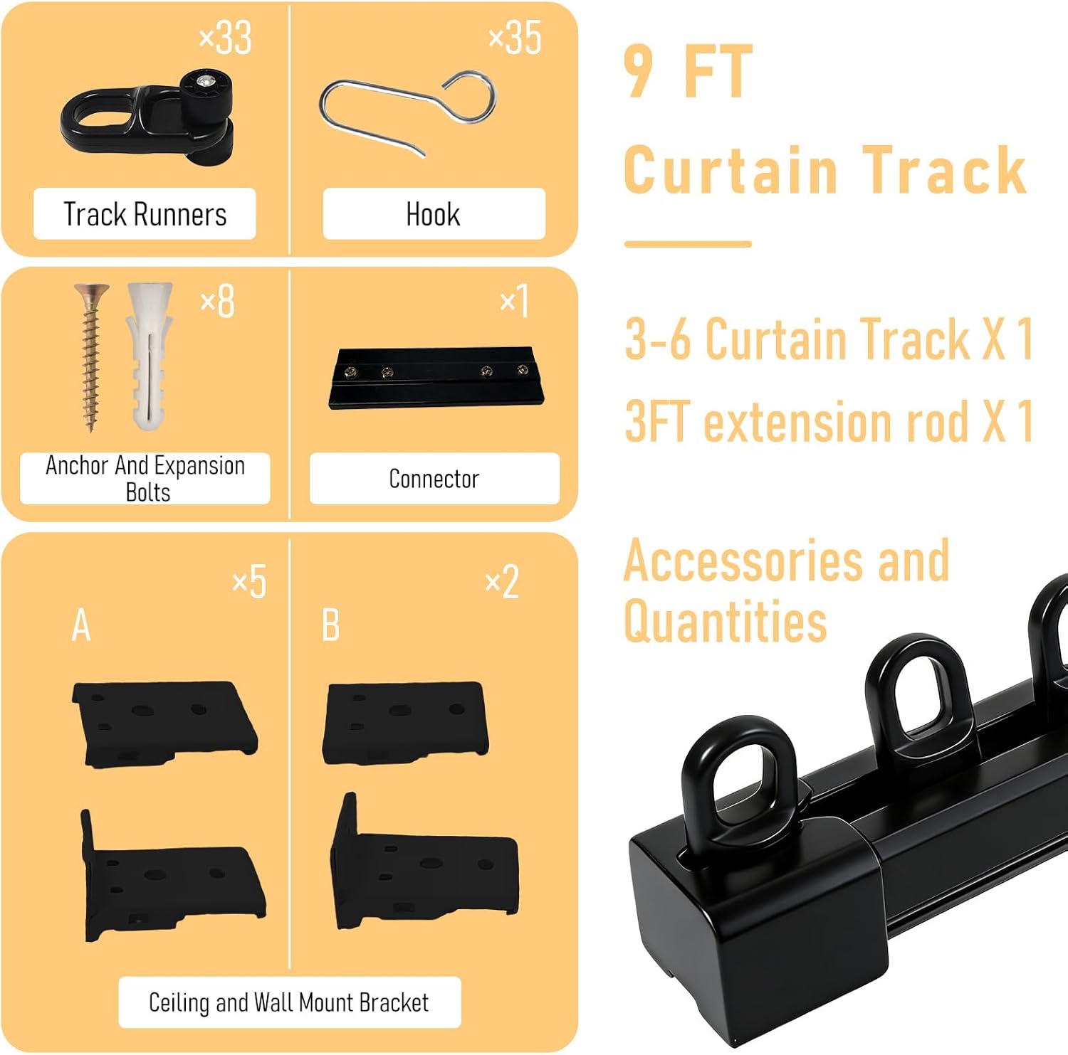 Retractable Ceiling Wall Mounted Curtain Track Black 9FT with Hook Curtain Track Rods Easy to Install for Divider Living Room Bedroom Office Wardrobe Festive Decorations