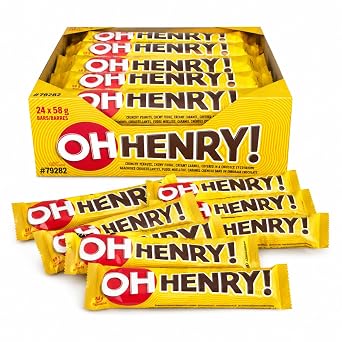 OH HENRY Chocolate Candy Bars, Full Size 58g/2.05oz Pack of 24, Imported from Canada, Individually Wrapped, Original Bulk Box, Packed by Pistek with Bonus Japanese Candy