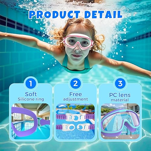 Vista 5 de Gafas de natación para niños de 3 a 15 años con tapones para los oídos, marco grande, antivaho y UV, para niños y niñas, 2