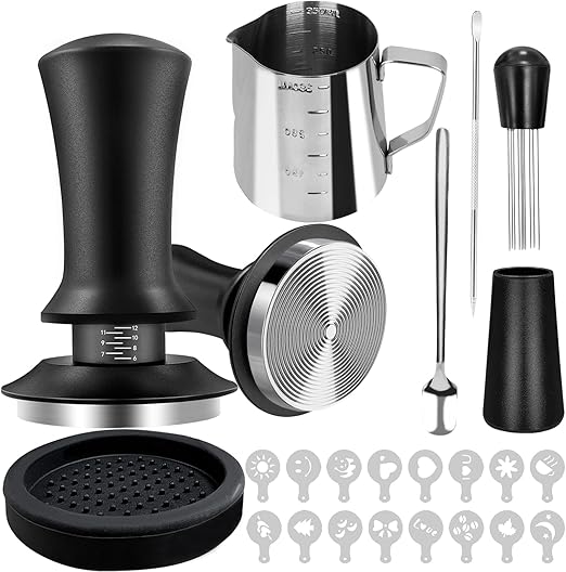 Koffie tamper 54 mm set, verbeterde espresso tamper set incl. WDT tool, doseerring 54 mm, tampermat, drukregelende tamperbasis ribbels van roestvrij staal met 1,7 kg aandrukkracht voor barista, zwart