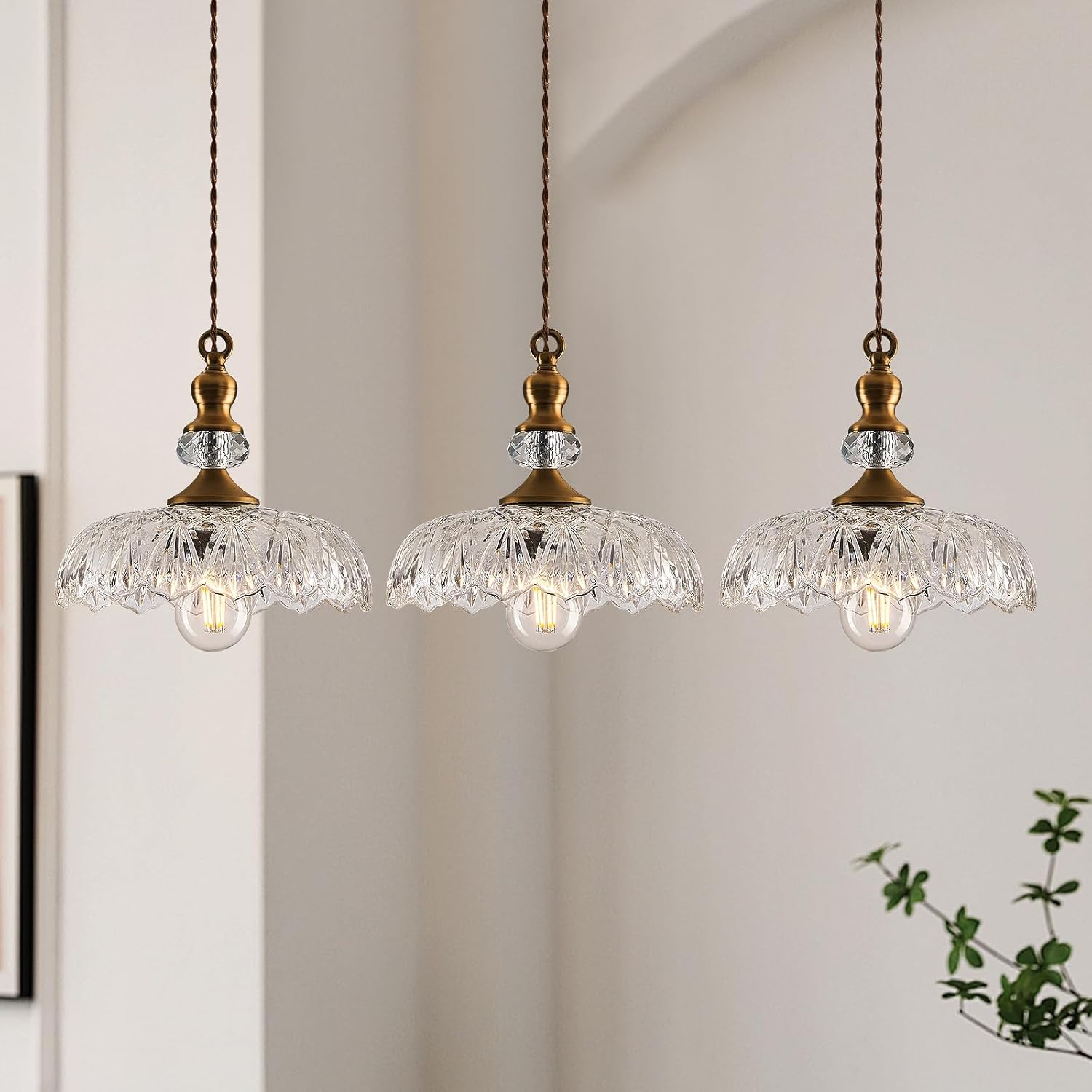 Vintage Glass Pendant Light Fixture 3-Pack Brass Modern Adjustable Chandelier Farmhouse Hanging Ceiling Light for Hallway Porch Kitchen Bedroom Coffee Shop Dining Room