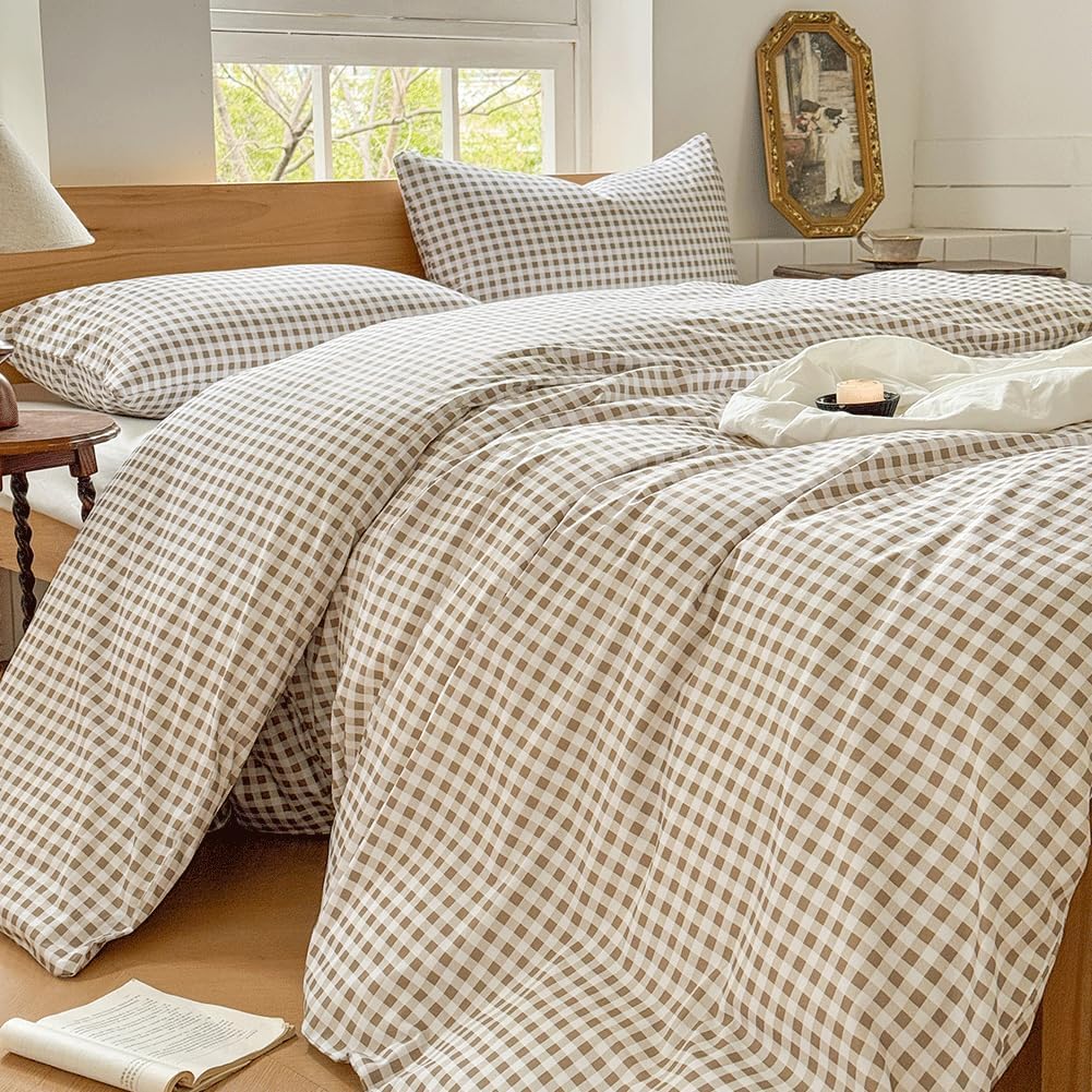 NSNLGSGC Tan Gingham Cotton Duvet Cover Set Queen, 100% Washed Cotton Plaid Comforter Cover Set,Brown Ultra-Soft & Lightweight Cottage Bedding Set(3PCS, Queen)