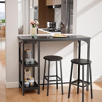 Bealife Bar Table and Stools Set of 2, Pub Table Set with 2 Shelves and Glass Holder, Kitchen Bar Table Set for Kitchen, Living Room, Dining Room (Black)