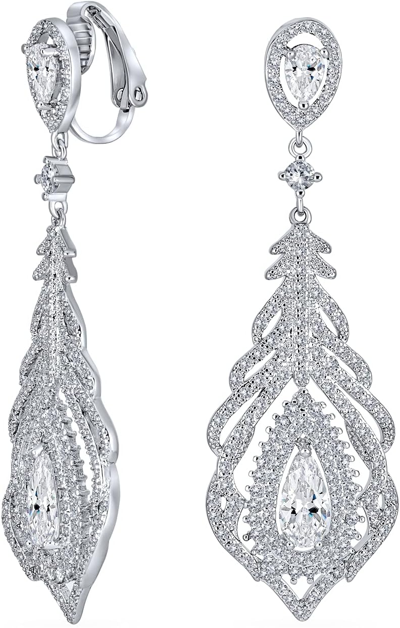 Bridal Fashion Vintage Art Deco Style Teardrop Shaped Halo AAA Cubic Zirconia Clear or Royal Blue Statement Elegant Chandelier Clip On Earrings For Women Wedding Prom Silver Plated